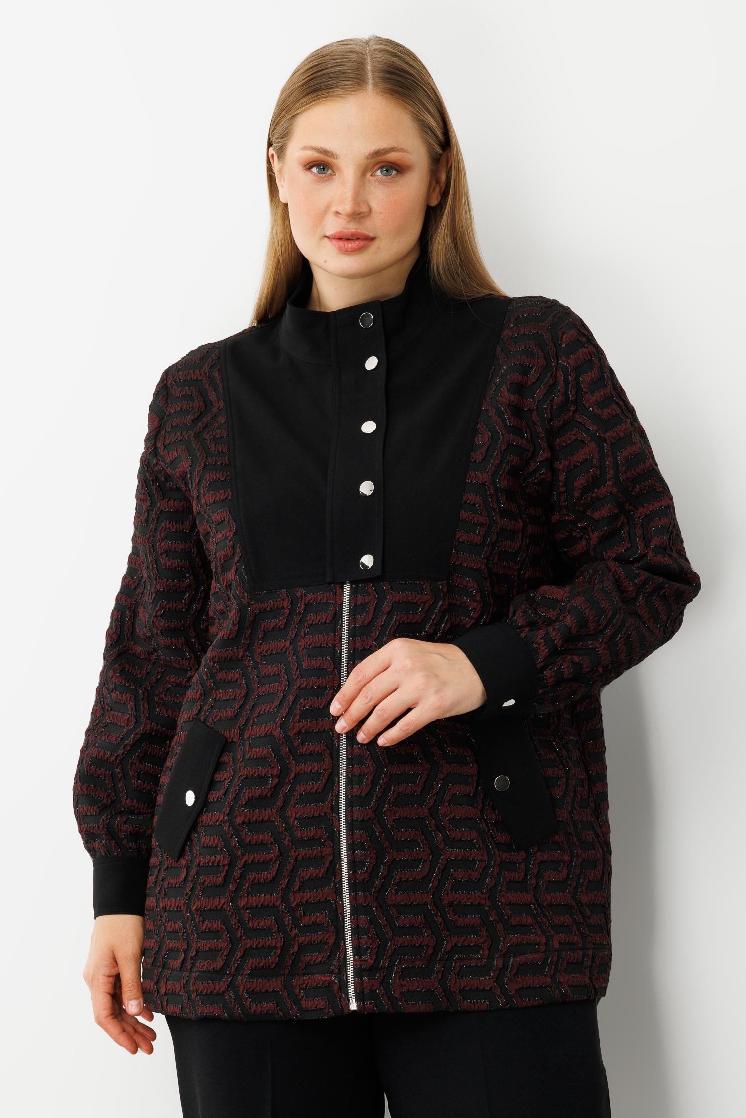 Modailgi  Desenli Gofre Kumaş Yakası Çıtçıtlı Tunik Bordo