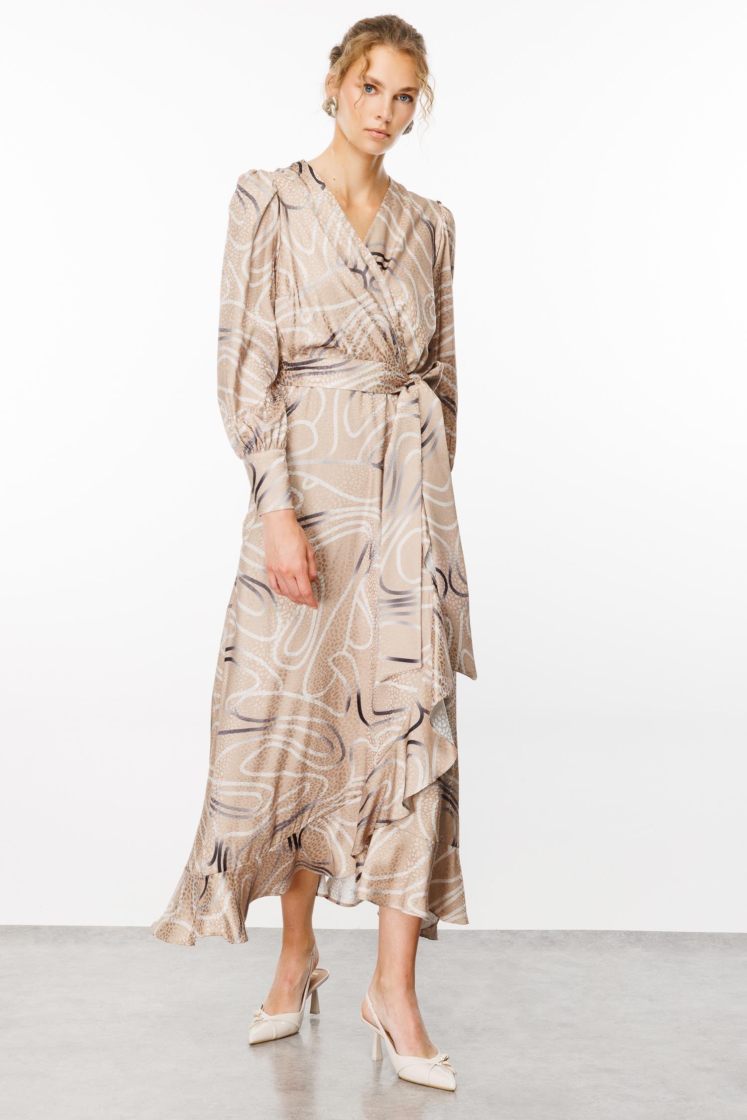 Modailgi  Desenli Jakar Kruvaze Elbise Vizon