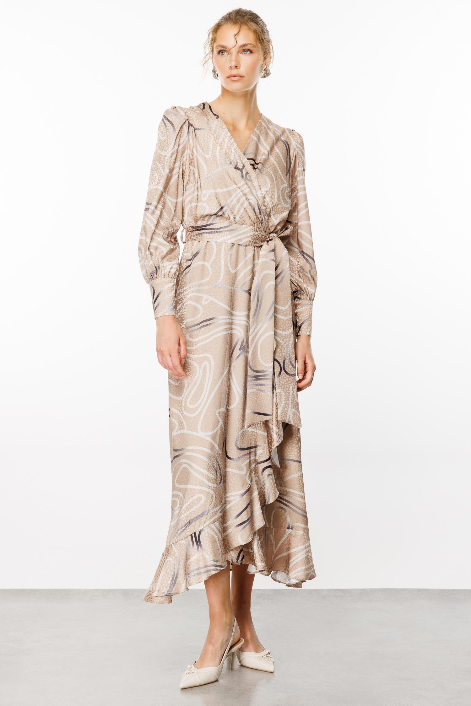 Modailgi  Desenli Jakar Kruvaze Elbise Vizon