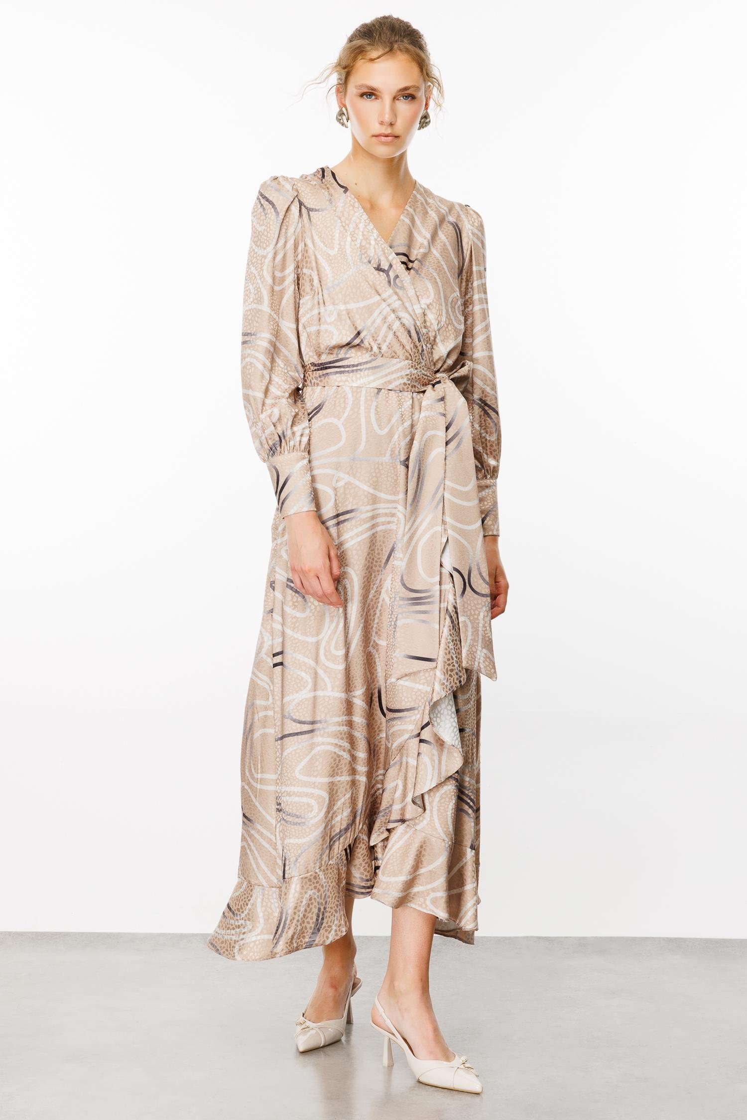 Modailgi  Desenli Jakar Kruvaze Elbise Vizon