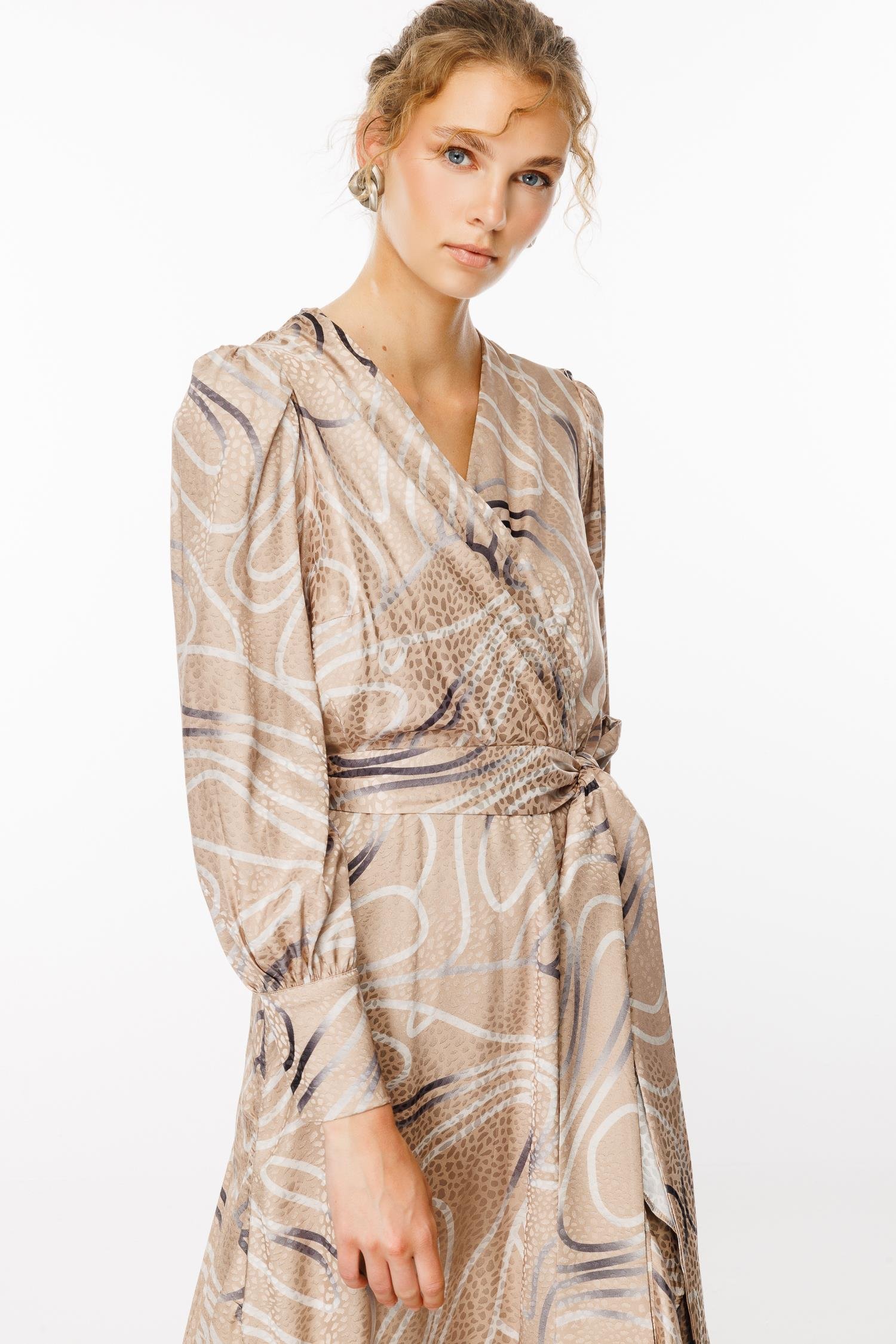 Modailgi  Desenli Jakar Kruvaze Elbise Vizon