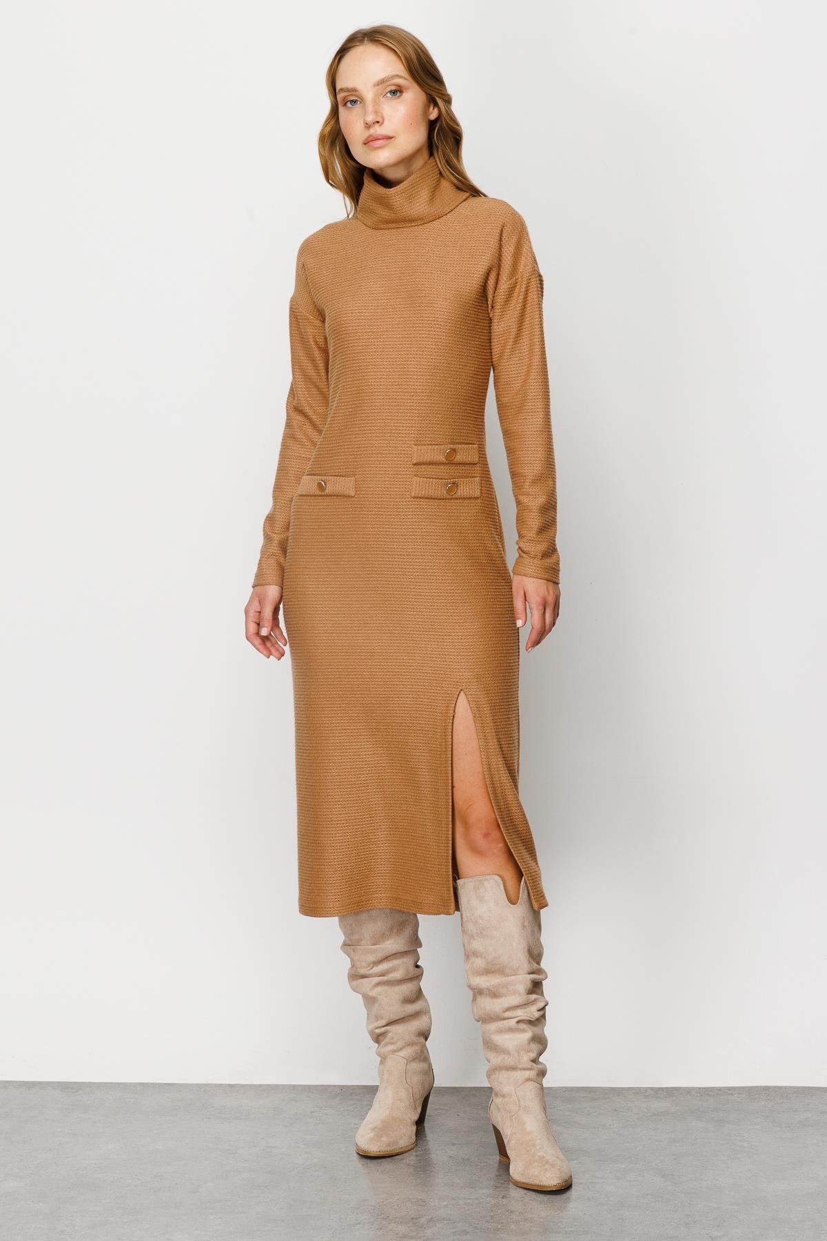 Modailgi  Dik Yaka Triko Elbise Camel
