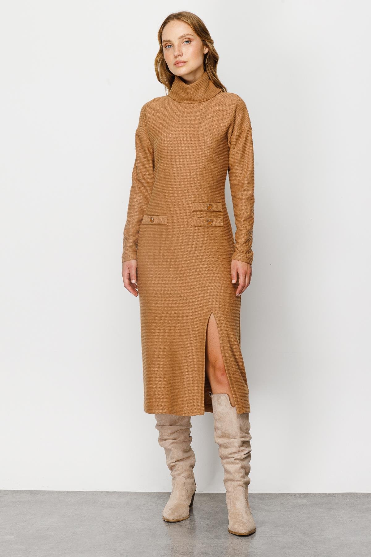 Modailgi  Dik Yaka Triko Elbise Camel