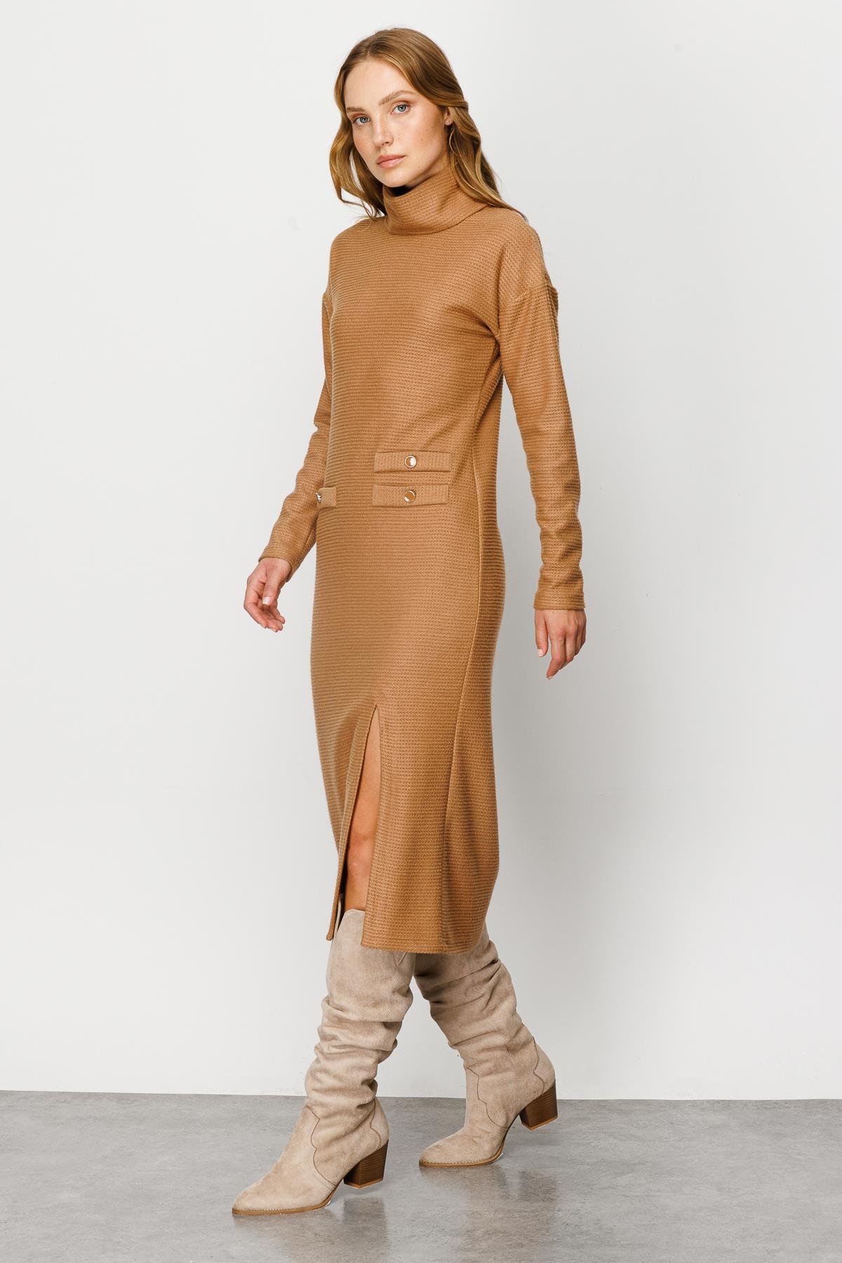 Modailgi  Dik Yaka Triko Elbise Camel