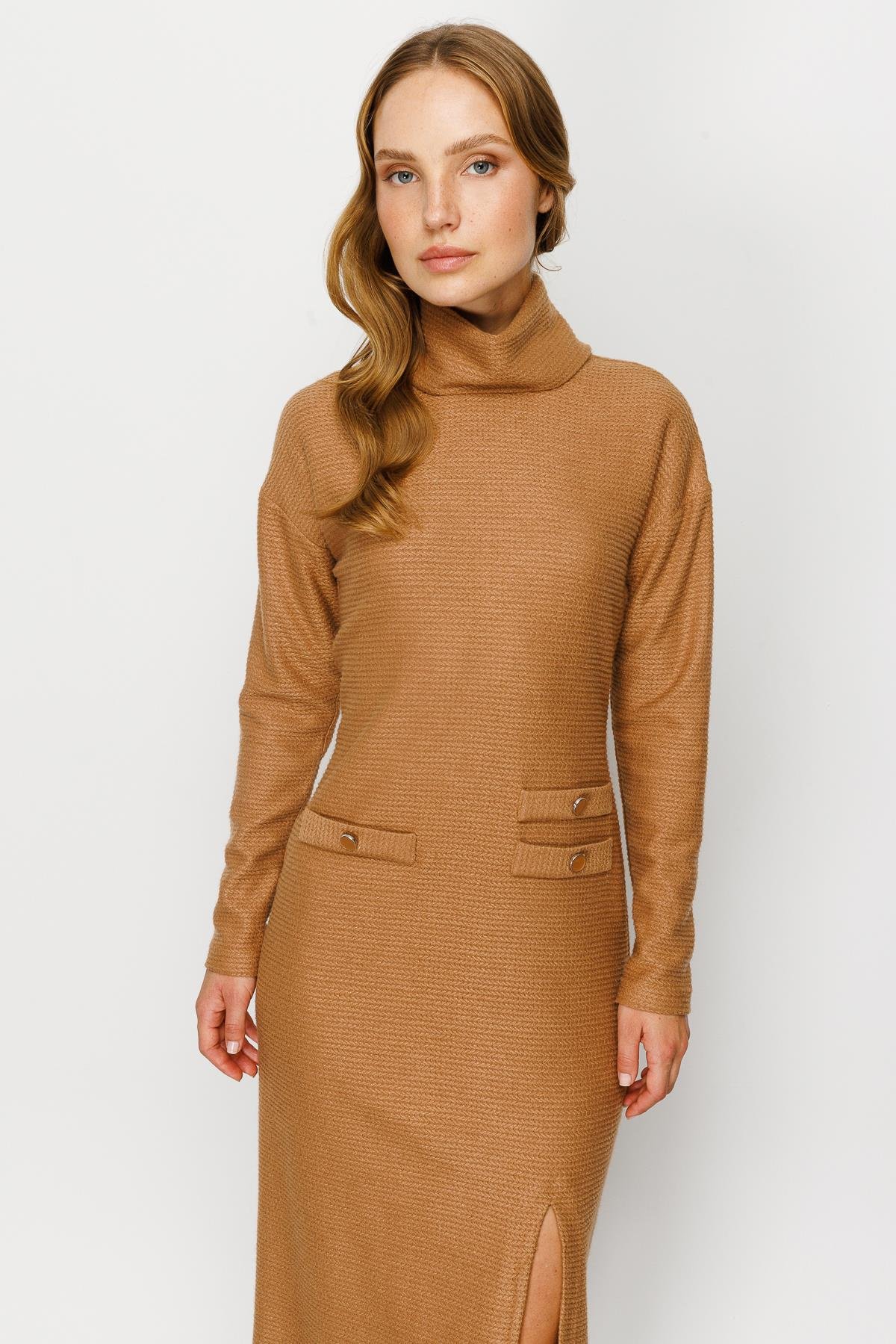 Modailgi  Dik Yaka Triko Elbise Camel