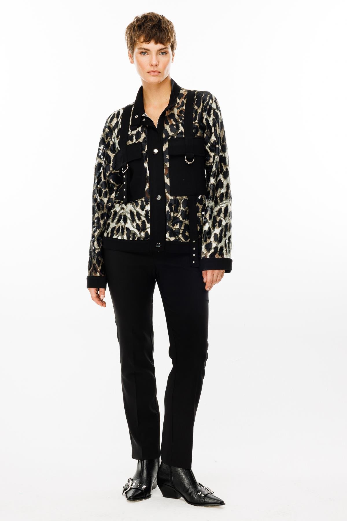 Modailgi  Dik Yakalı Düz Örme Kumaş Garnili Fermuarlı Tunik Haki