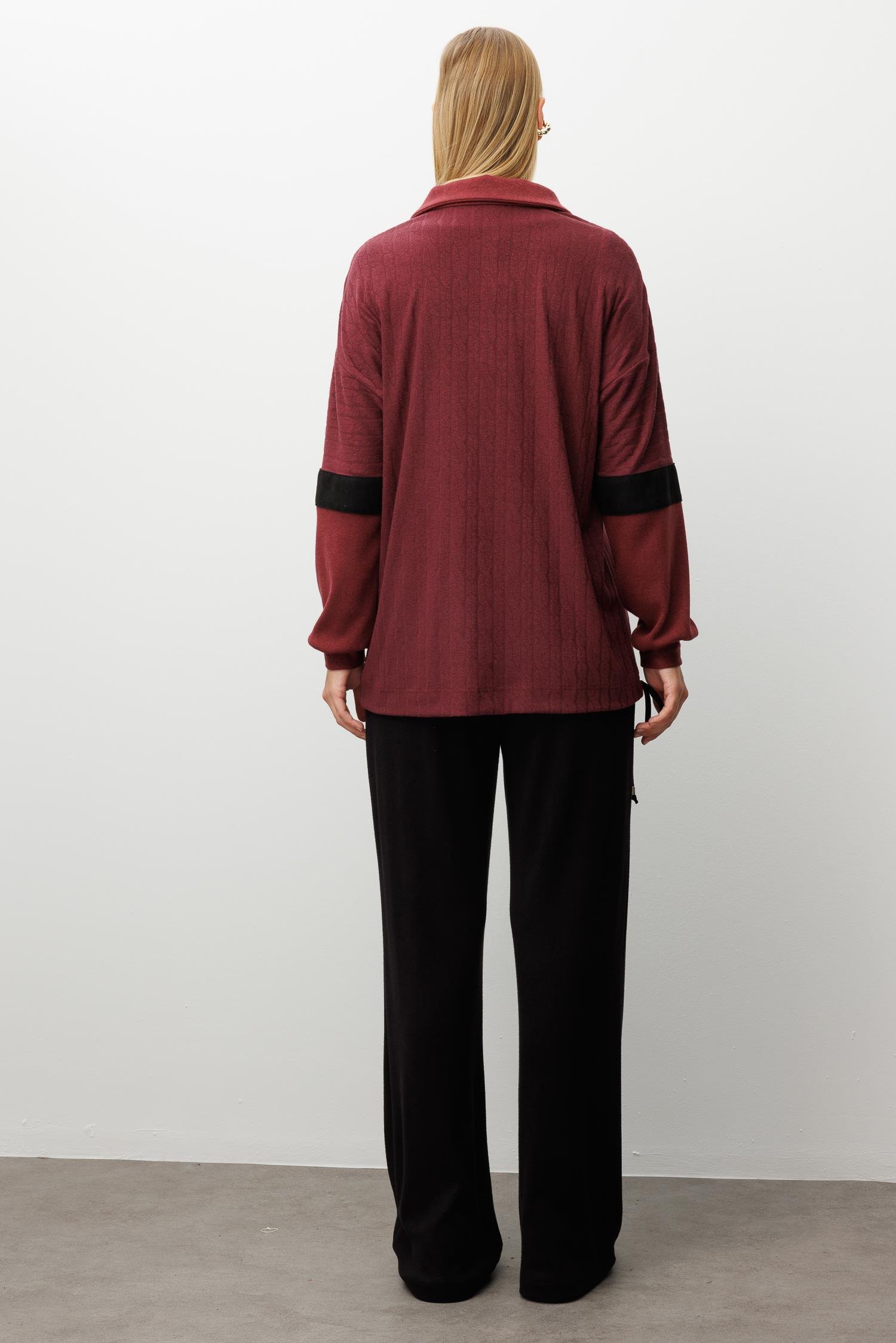 Modailgi  Dik Yakalı Etek Ucu Tünel Bağcık Detaylı Ara Boy Triko Tunik Bordo