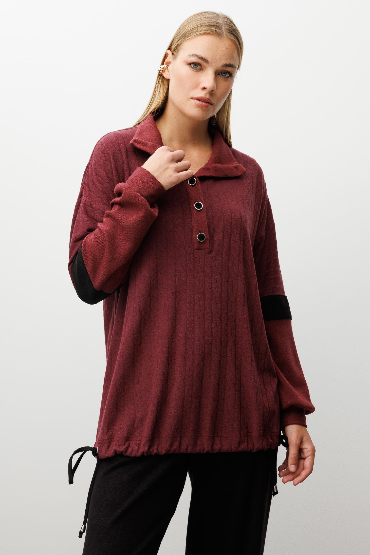 Modailgi  Dik Yakalı Etek Ucu Tünel Bağcık Detaylı Ara Boy Triko Tunik Bordo