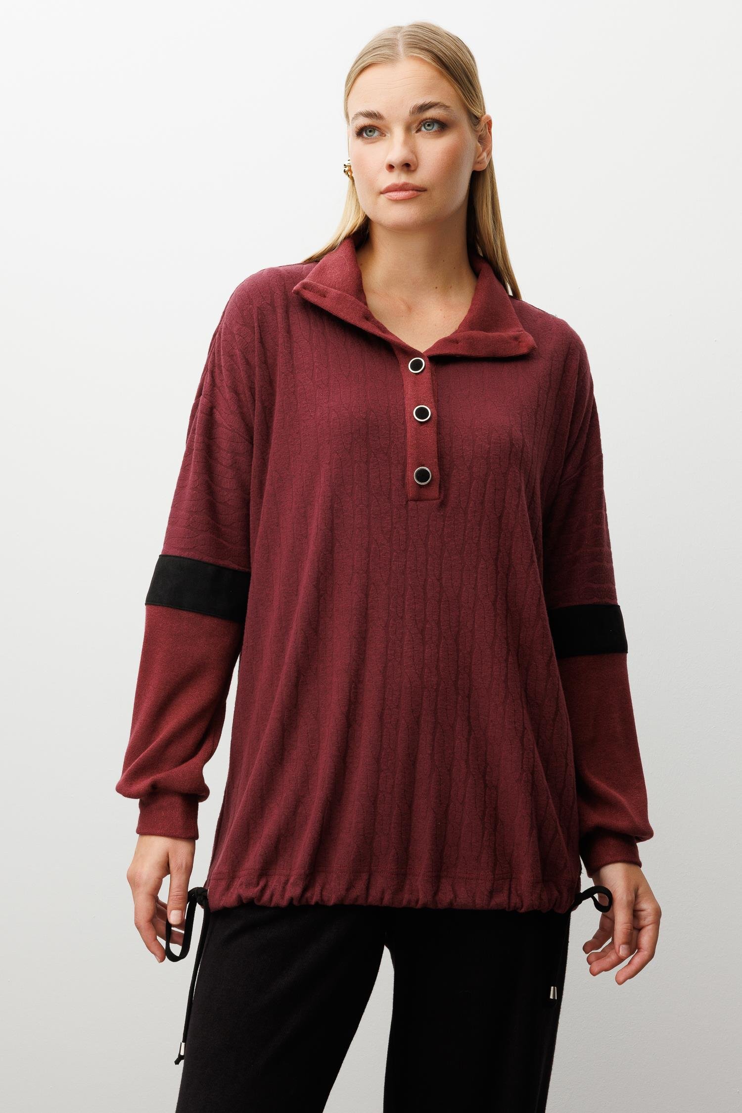 Modailgi  Dik Yakalı Etek Ucu Tünel Bağcık Detaylı Ara Boy Triko Tunik Bordo