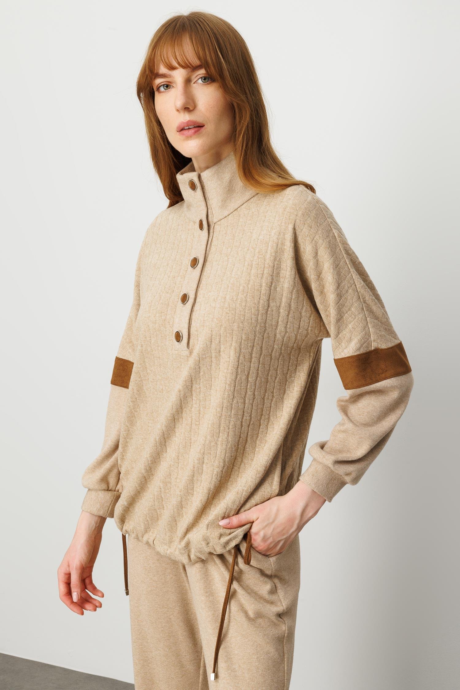 Modailgi  Dik Yakalı Etek Ucu Tünel Bağcık Detaylı Ara Boy Triko Tunik Vizon