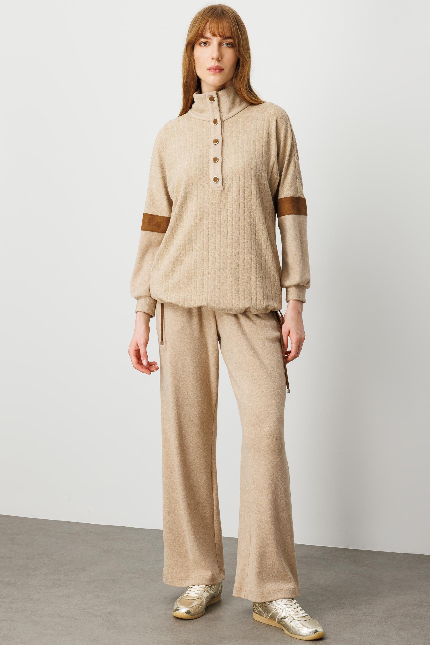 Modailgi  Dik Yakalı Etek Ucu Tünel Bağcık Detaylı Ara Boy Triko Tunik Vizon