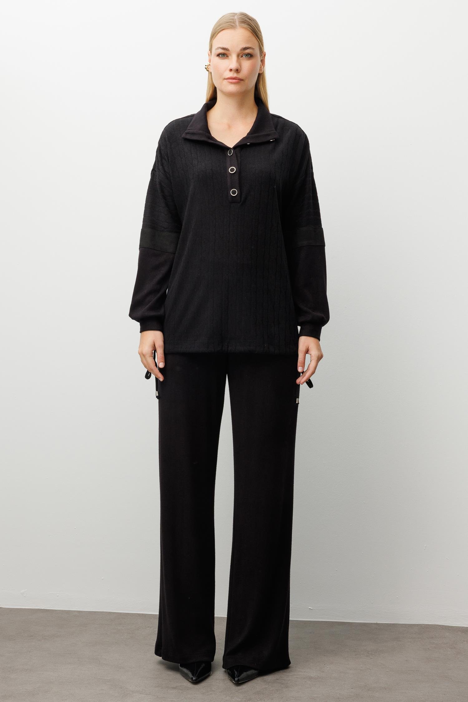 Modailgi  Dik Yakalı Etek Ucu Tünel Bağcık Detaylı Ara Boy Triko Tunik Siyah