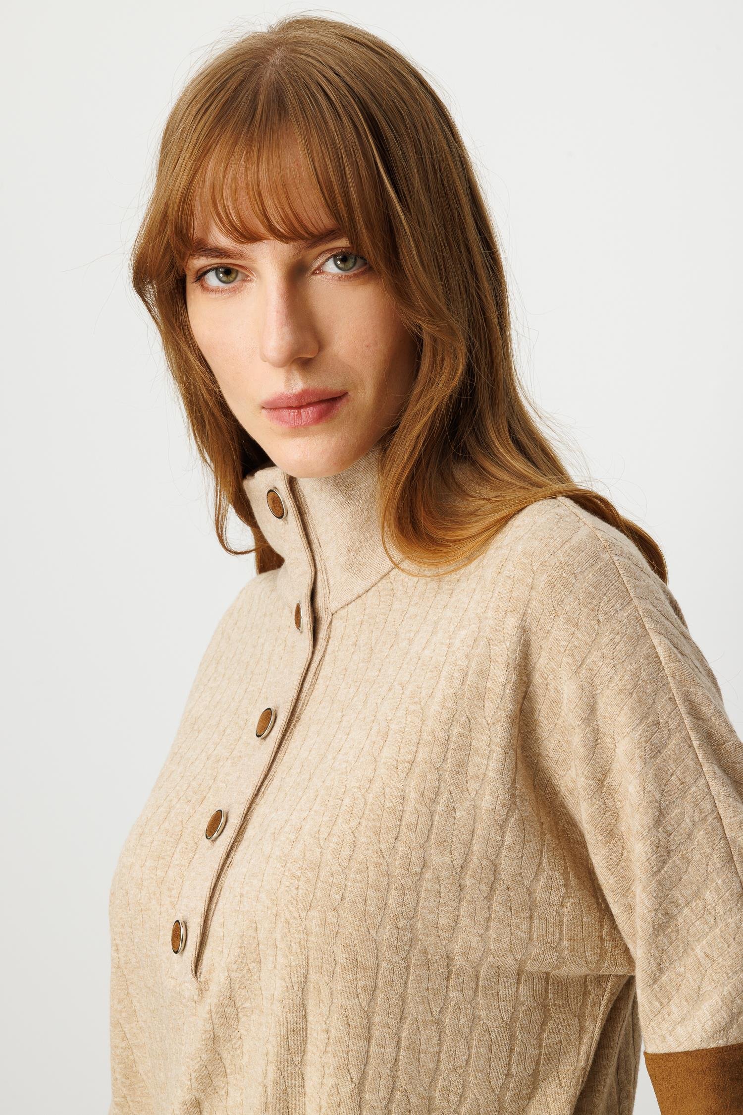 Modailgi  Dik Yakalı Etek Ucu Tünel Bağcık Detaylı Ara Boy Triko Tunik Vizon