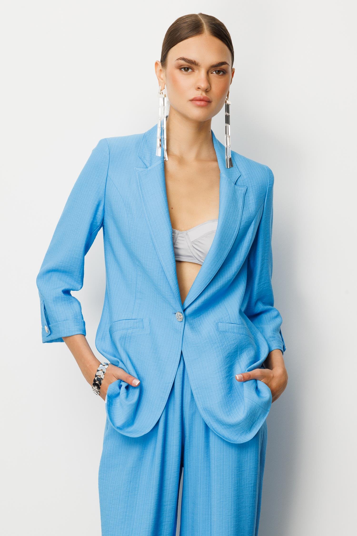 Modailgi  Duble Truvakar Kol Yarım Astarlı Rahat Kesim Ceket Mavi