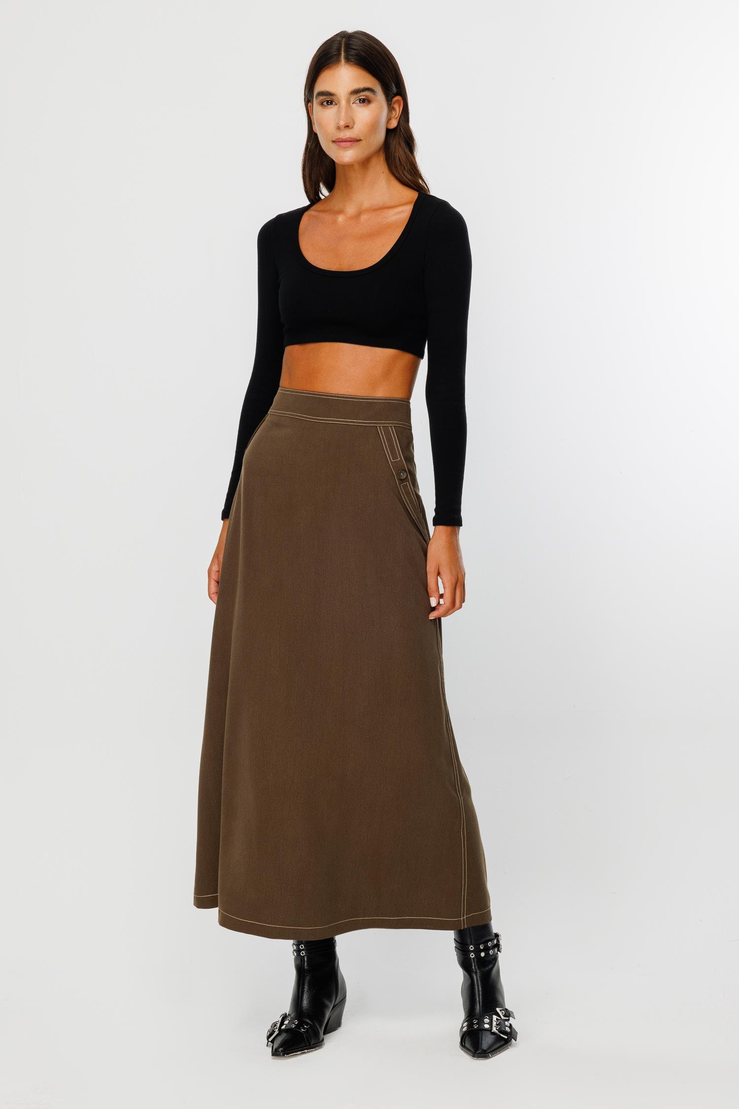 Modailgi  Düğme Detaylı Uzun Etek  - 7053,1561 Haki