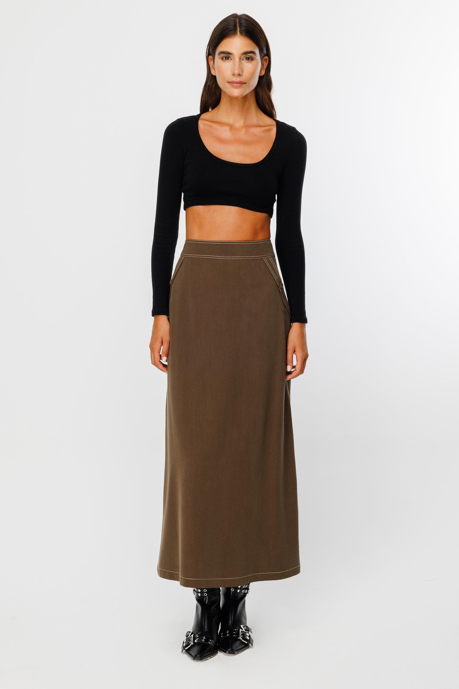 Modailgi  Düğme Detaylı Uzun Etek  - 7053,1561 Haki