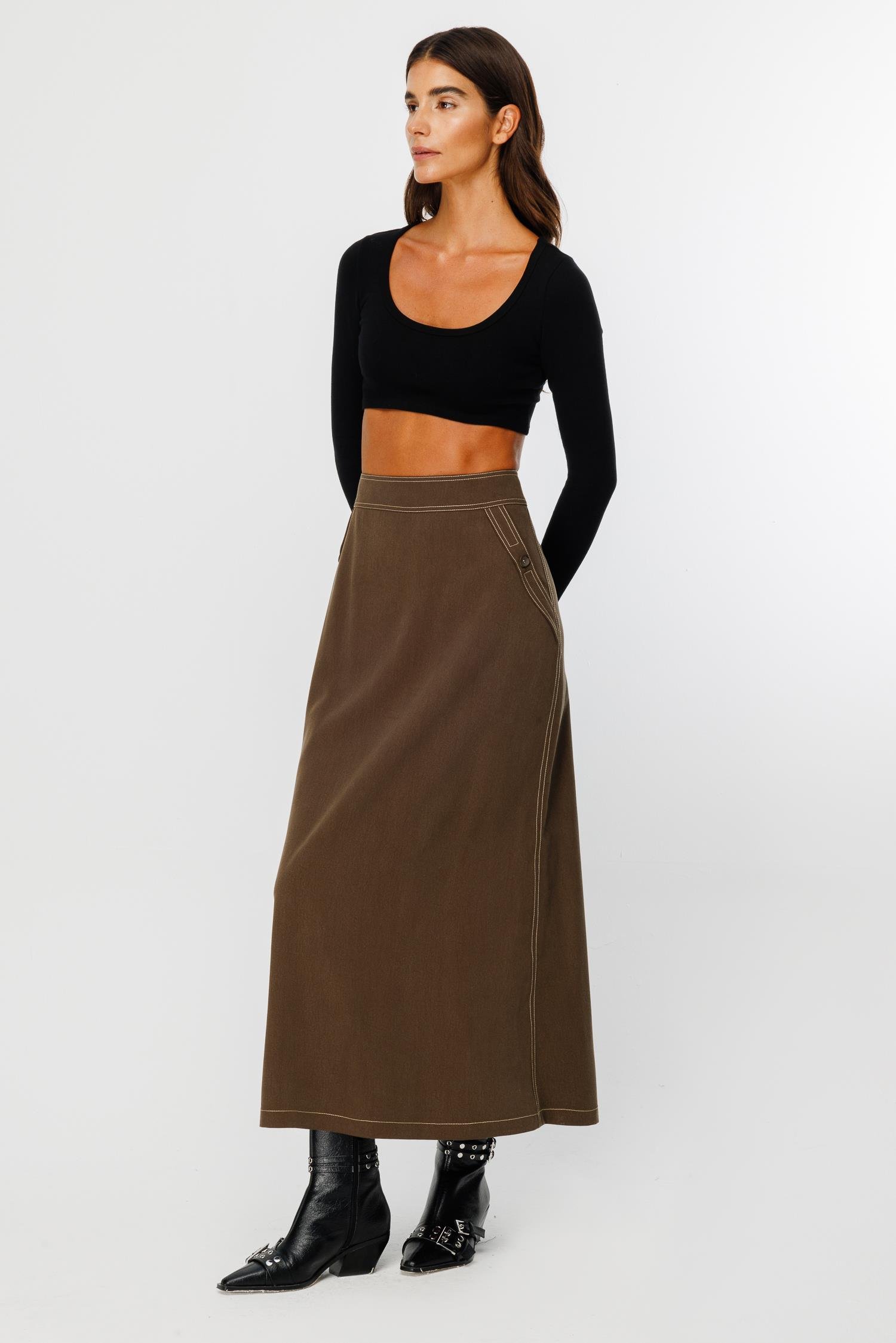 Modailgi  Düğme Detaylı Uzun Etek  - 7053,1561 Haki