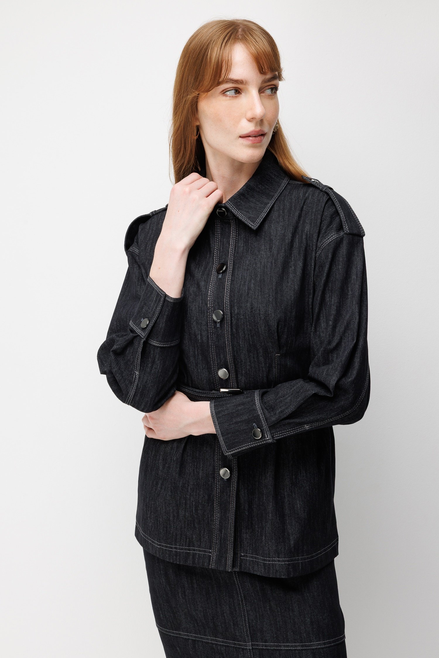 Modailgi  Düğme Kapamalı Beli Kemerli Denim Ceket - 40130 Siyah