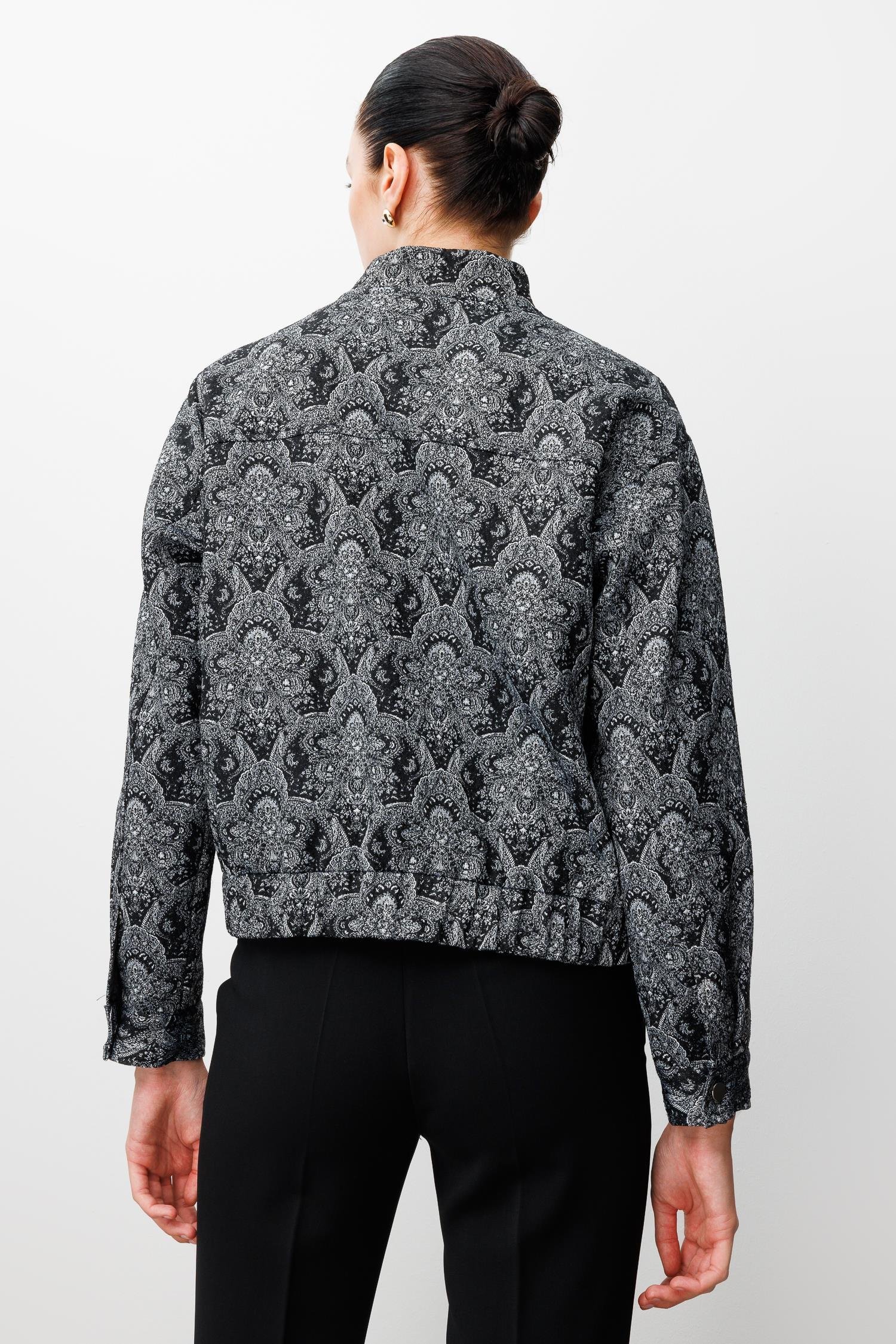 Modailgi  Düşük Kol Robalı Cepli Astarlı Kısa Oversize Bomber Jakar Ceket Siyah