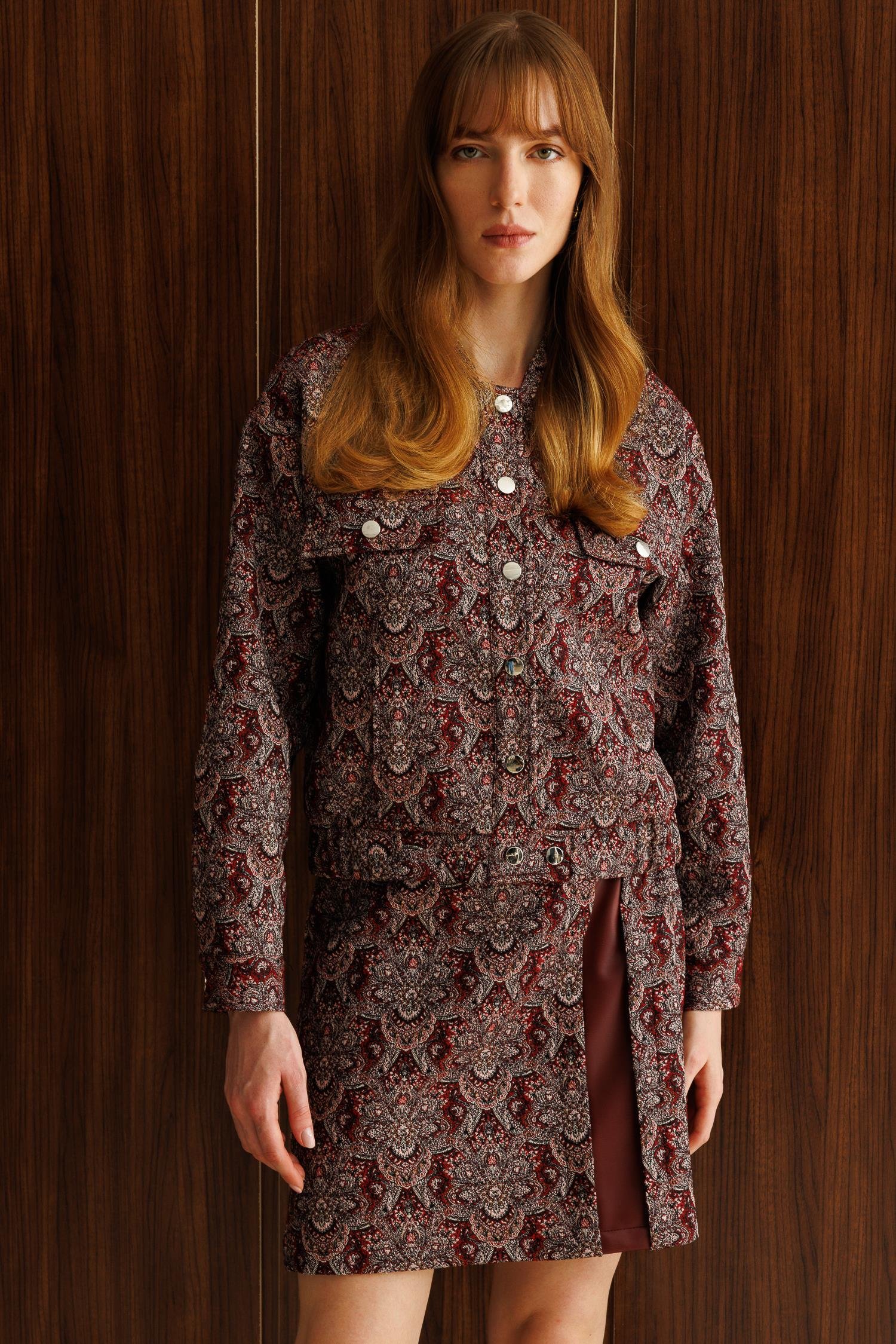 Modailgi  Düşük Kol Robalı Cepli Astarlı Kısa Oversize Bomber Jakar Ceket Bordo