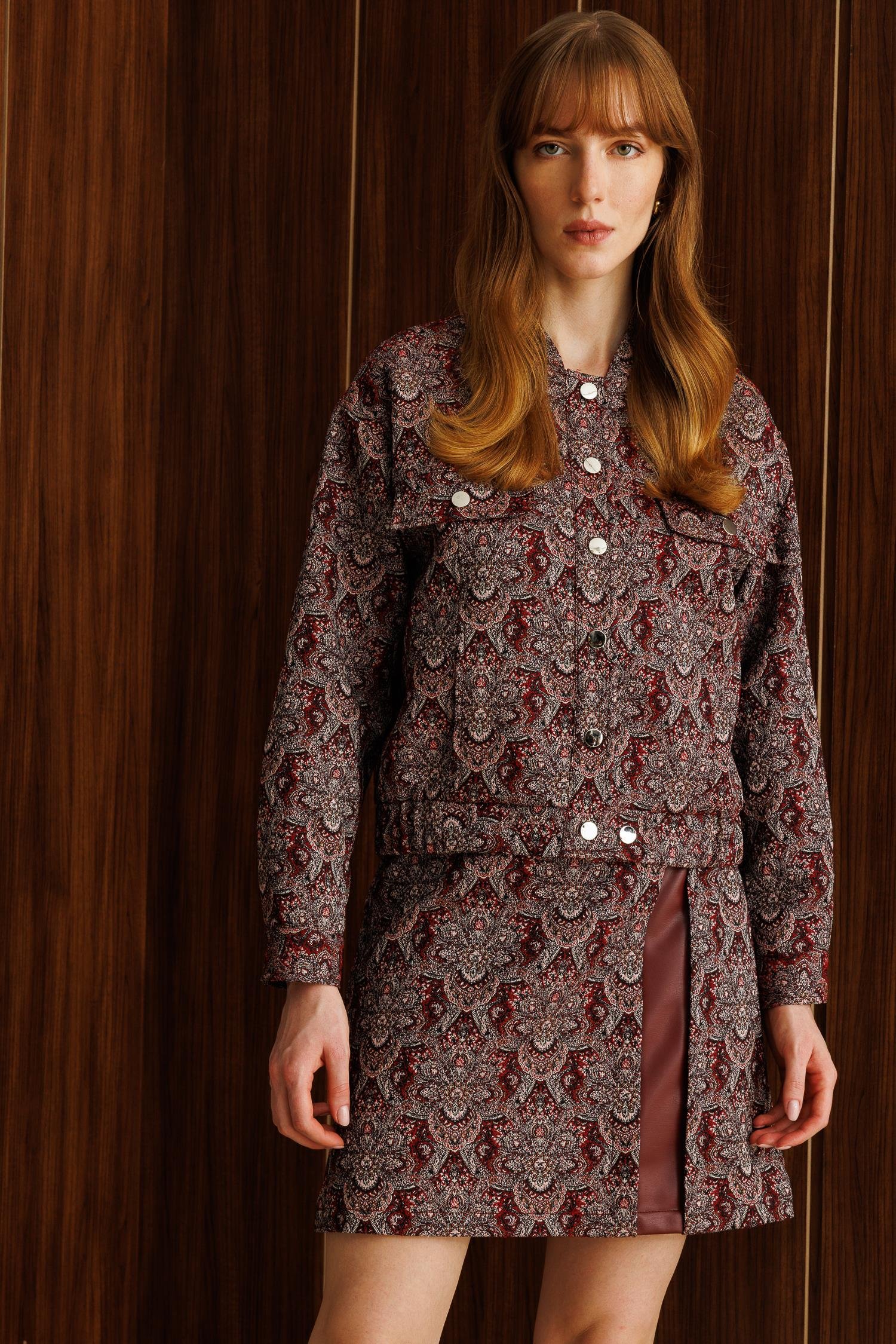 Modailgi  Düşük Kol Robalı Cepli Astarlı Kısa Oversize Bomber Jakar Ceket Bordo