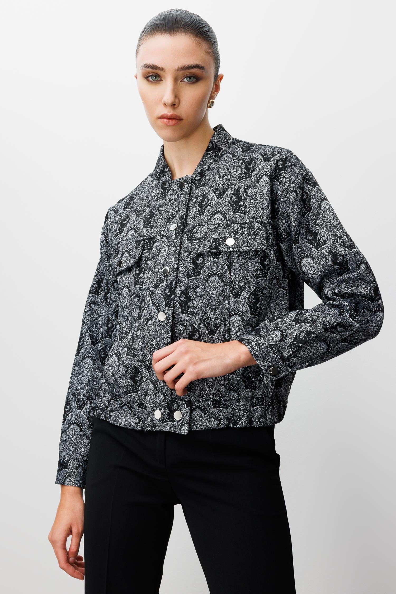 Modailgi  Düşük Kol Robalı Cepli Astarlı Kısa Oversize Bomber Jakar Ceket Siyah