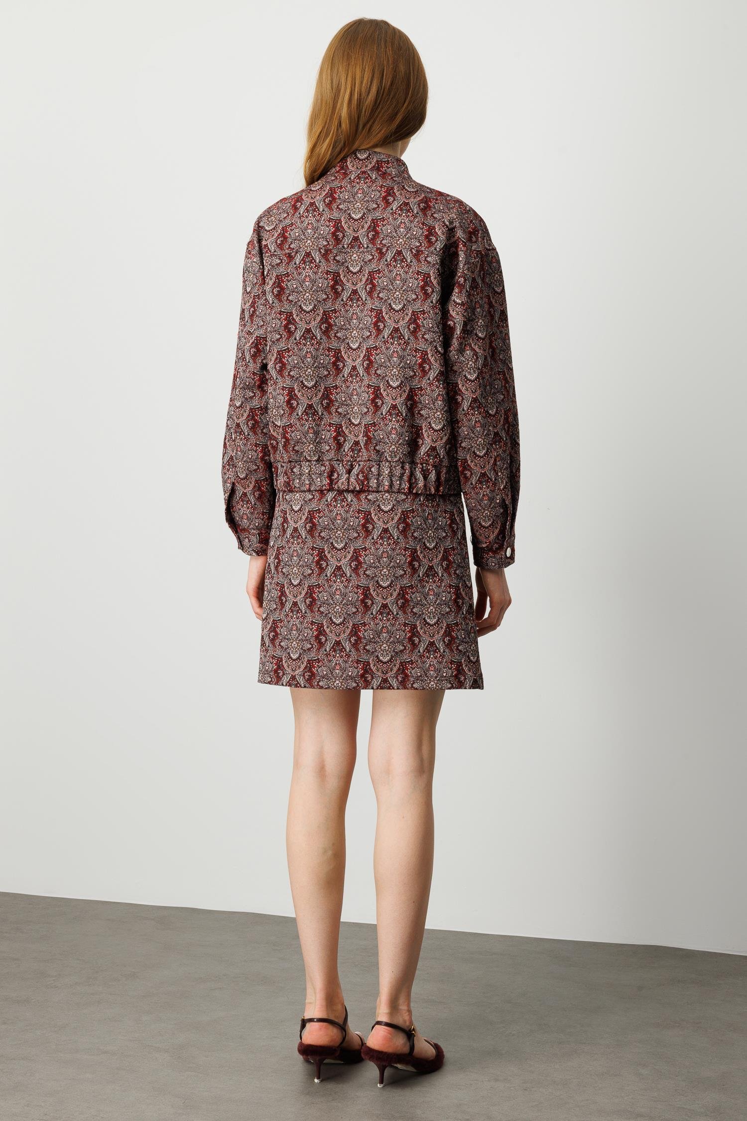 Modailgi  Düşük Kol Robalı Cepli Astarlı Kısa Oversize Bomber Jakar Ceket Bordo