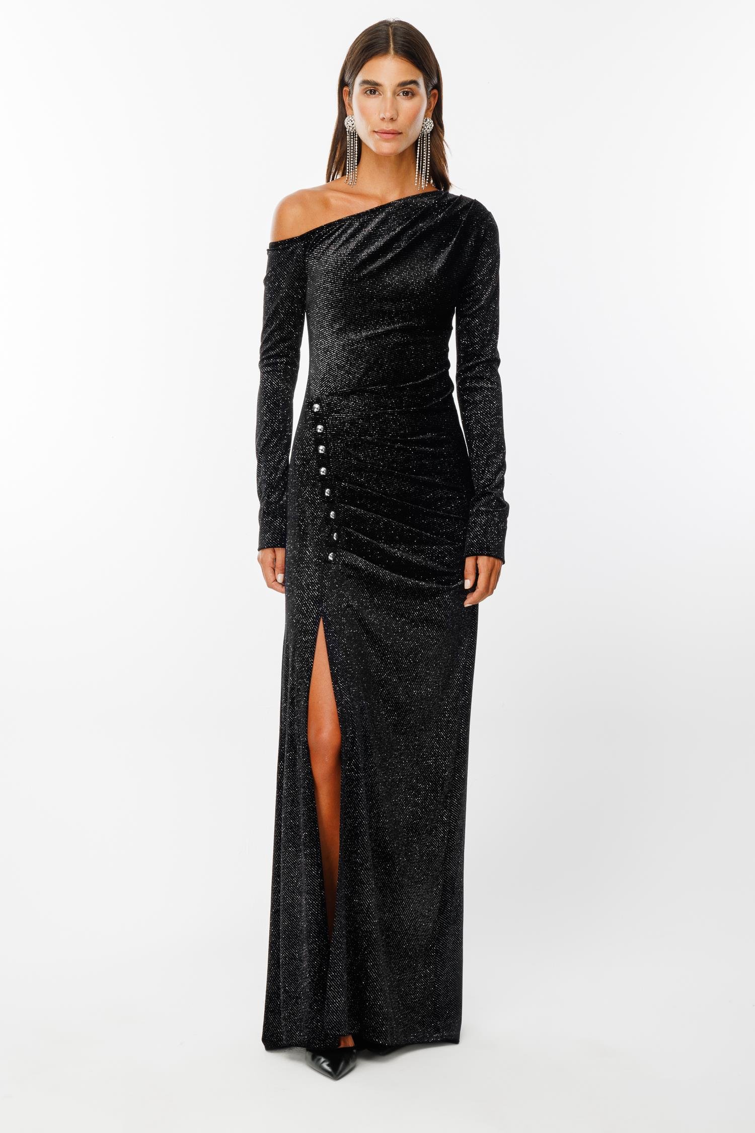 Modailgi  Düşük Kollu Yırtmaçlı Kadife Uzun Elbise Siyah