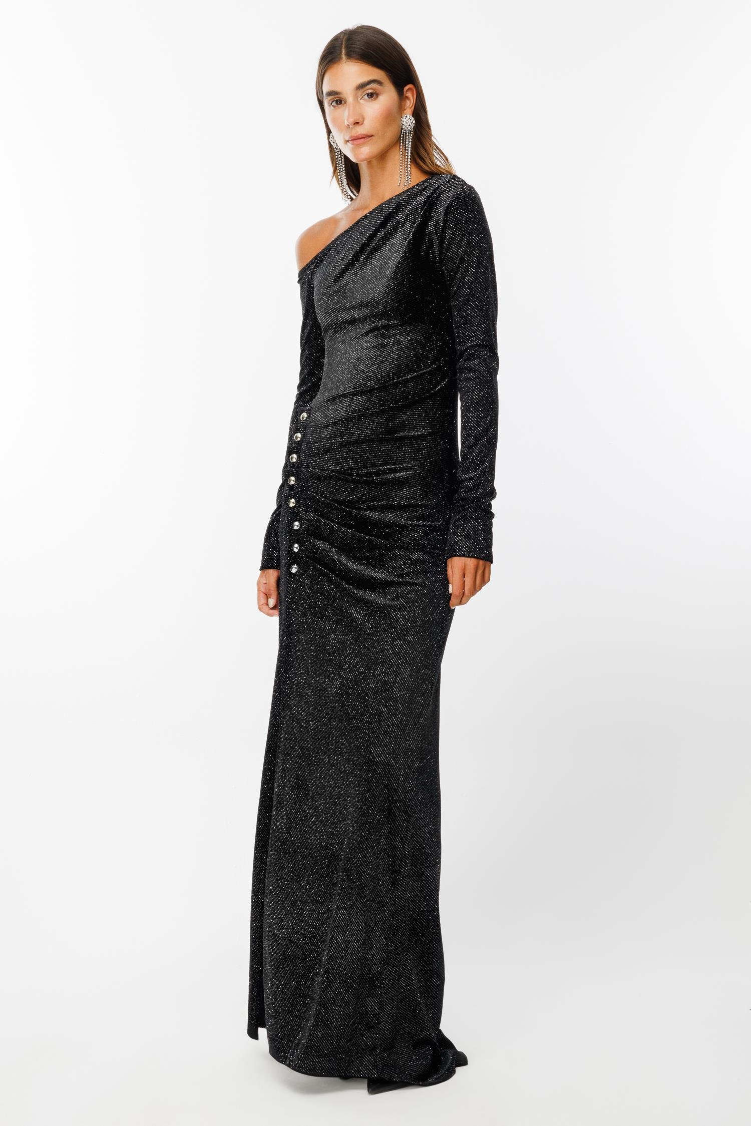 Modailgi  Düşük Kollu Yırtmaçlı Kadife Uzun Elbise Siyah