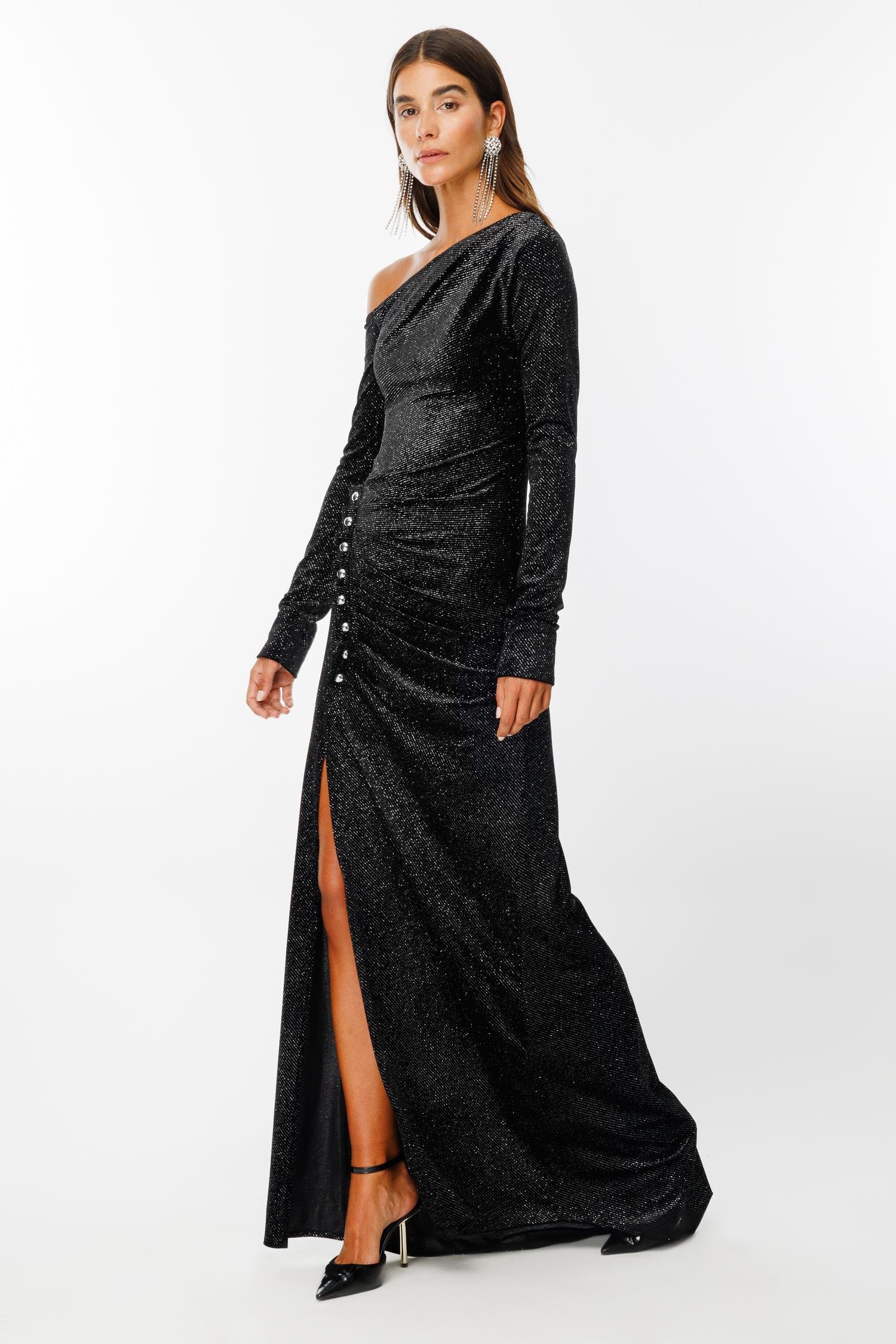 Modailgi  Düşük Kollu Yırtmaçlı Kadife Uzun Elbise Siyah