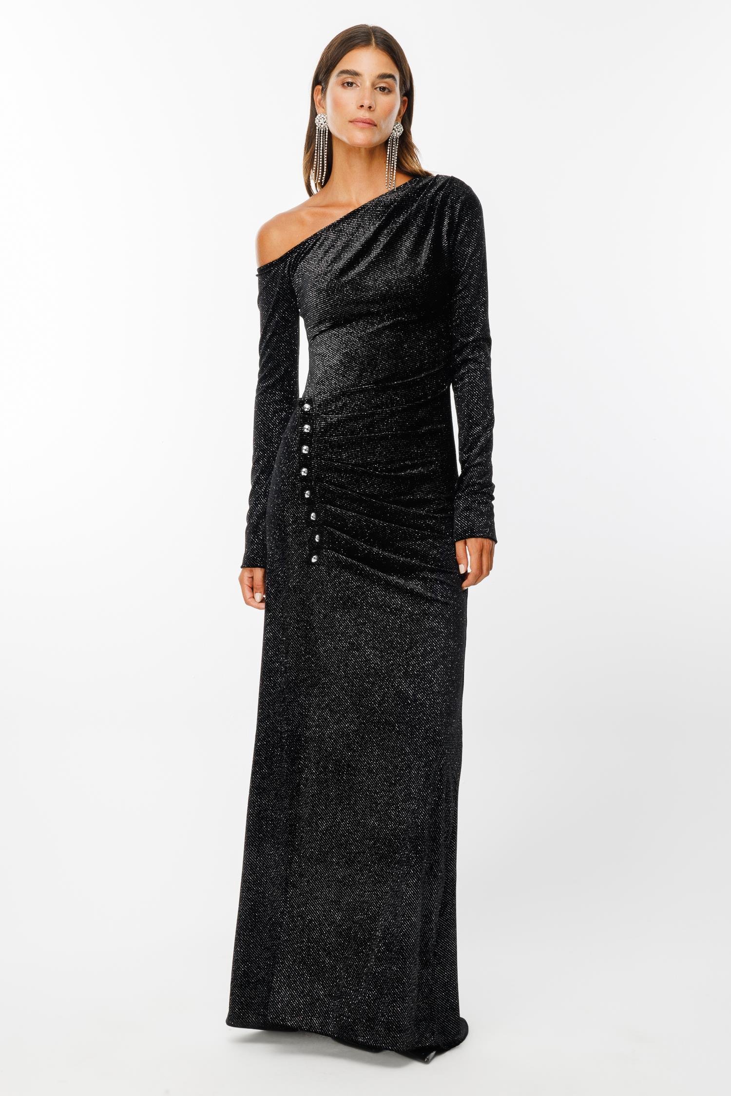 Modailgi  Düşük Kollu Yırtmaçlı Kadife Uzun Elbise Siyah