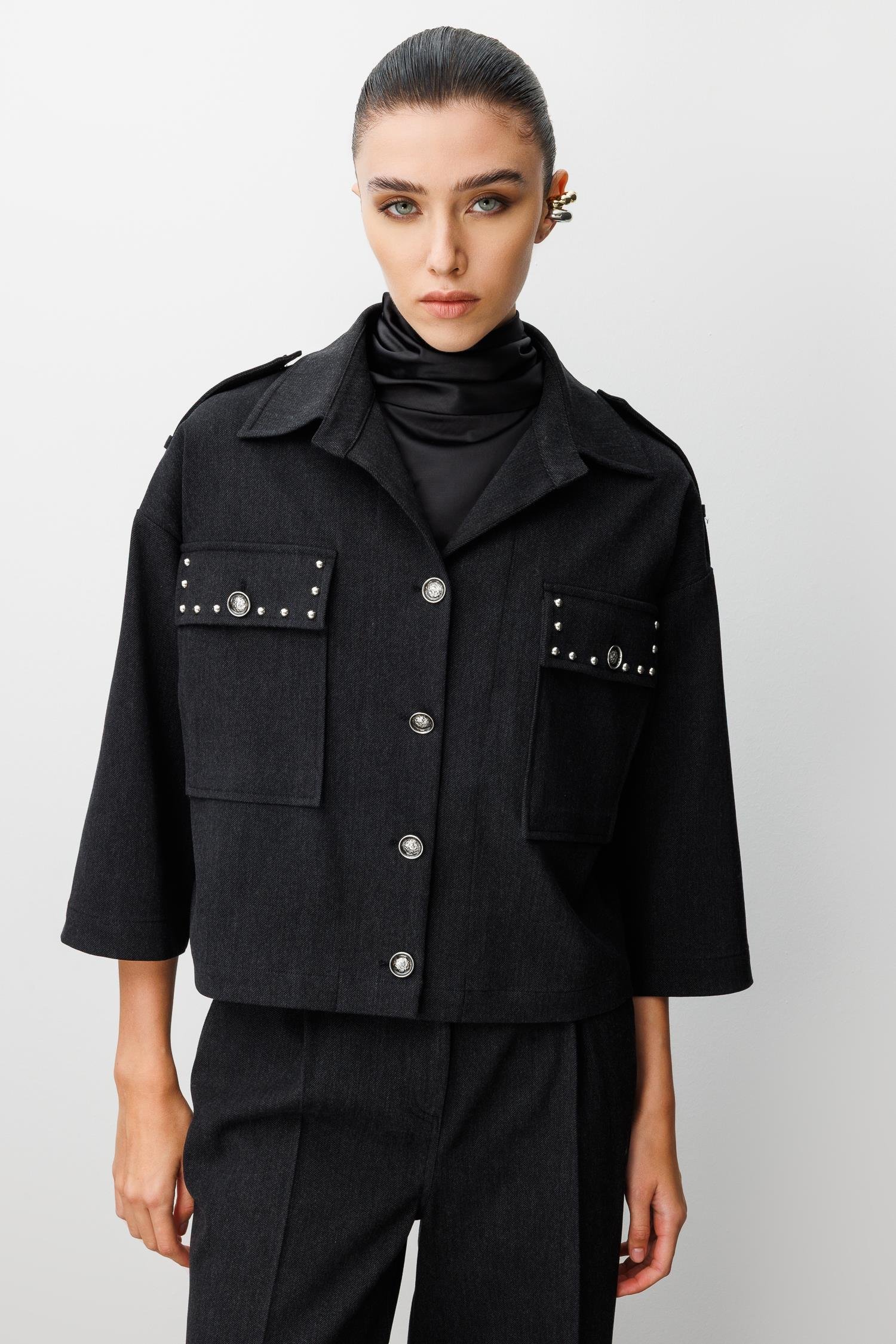 Modailgi  Düşük Omuz Apoletli Cepleri Trok Detaylı Kısa Oversize Ceket - 45013 Siyah