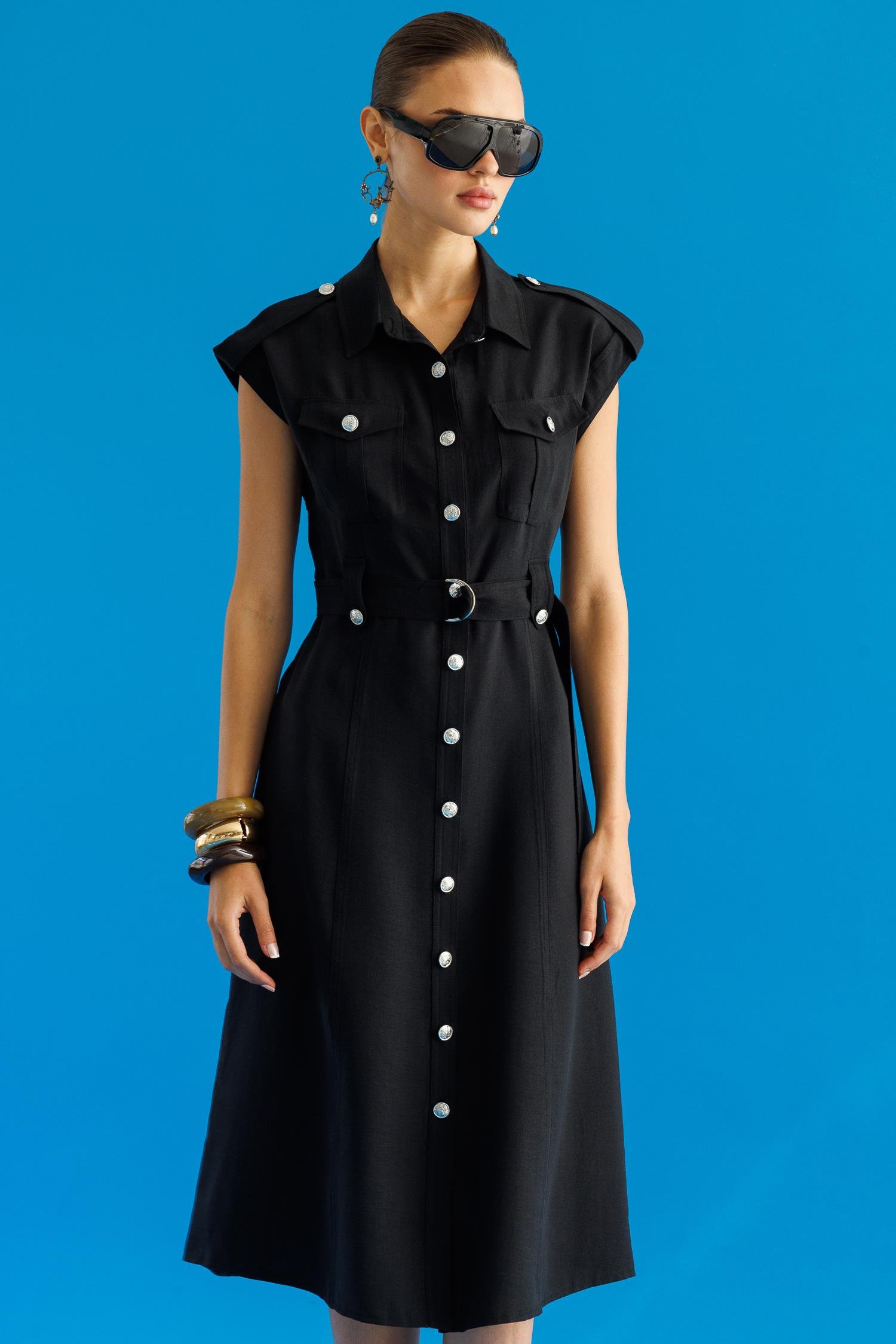 Modailgi  Düşük Omuzlu Apolet ve Kuşak Detaylı Düğme Kapamalı Midi Boy Elbise Siyah