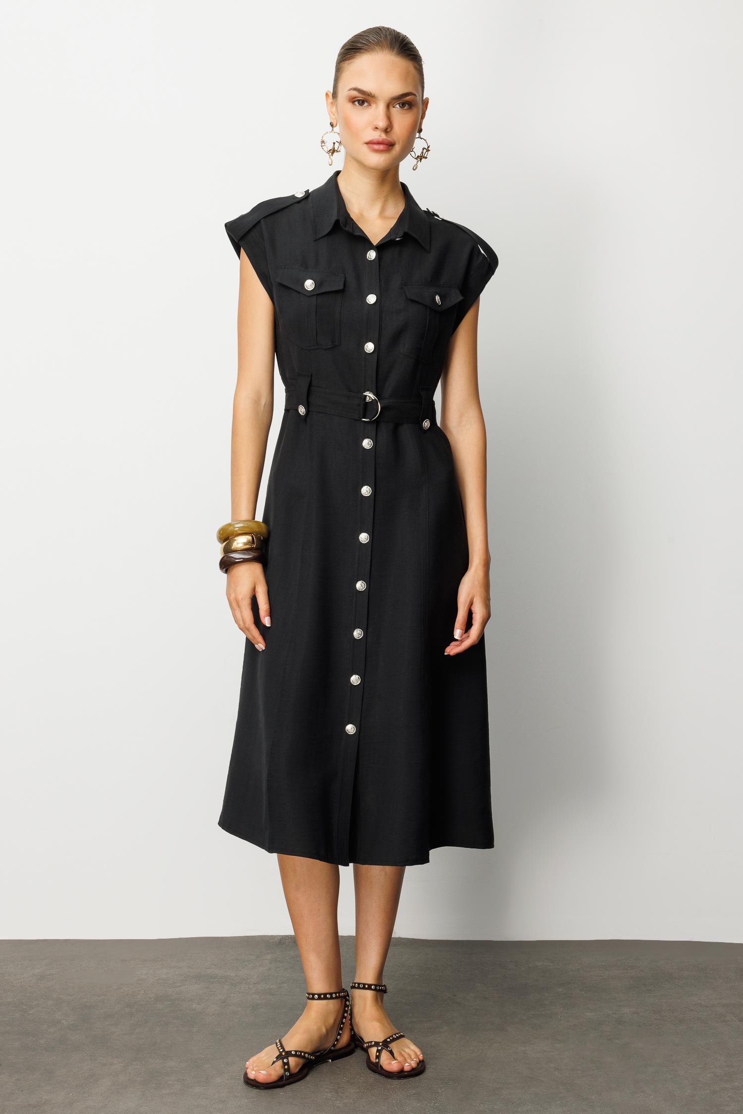 Modailgi  Düşük Omuzlu Apolet ve Kuşak Detaylı Düğme Kapamalı Midi Boy Elbise Siyah