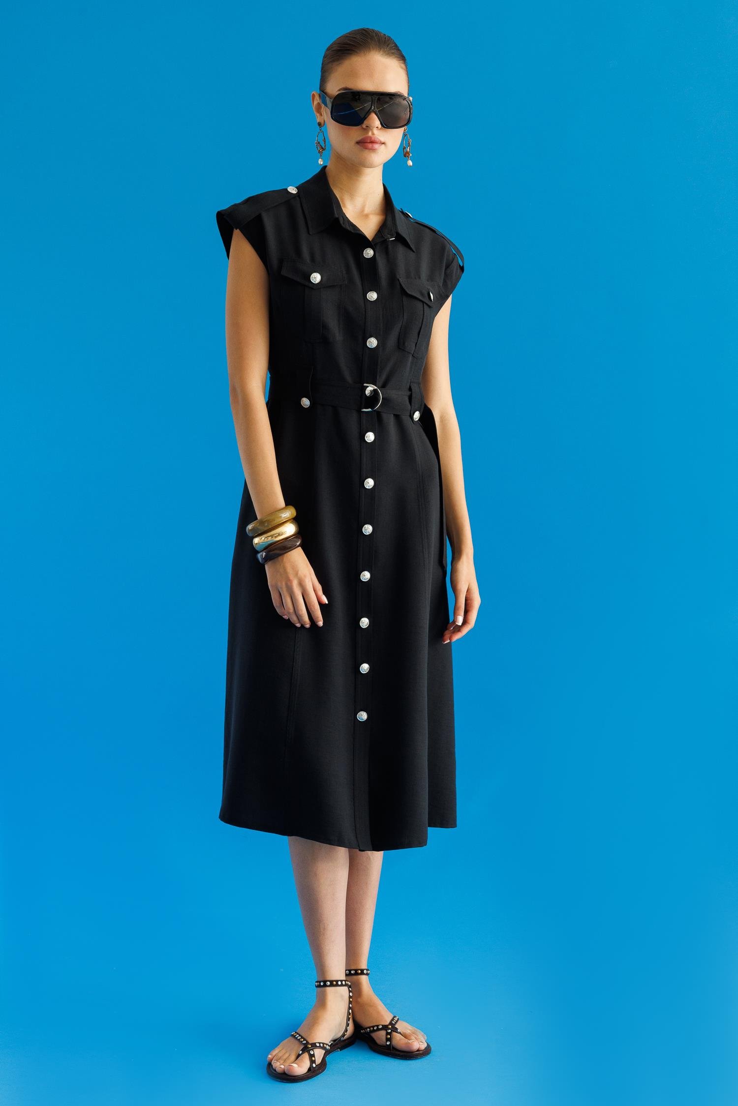 Modailgi  Düşük Omuzlu Apolet ve Kuşak Detaylı Düğme Kapamalı Midi Boy Elbise Siyah