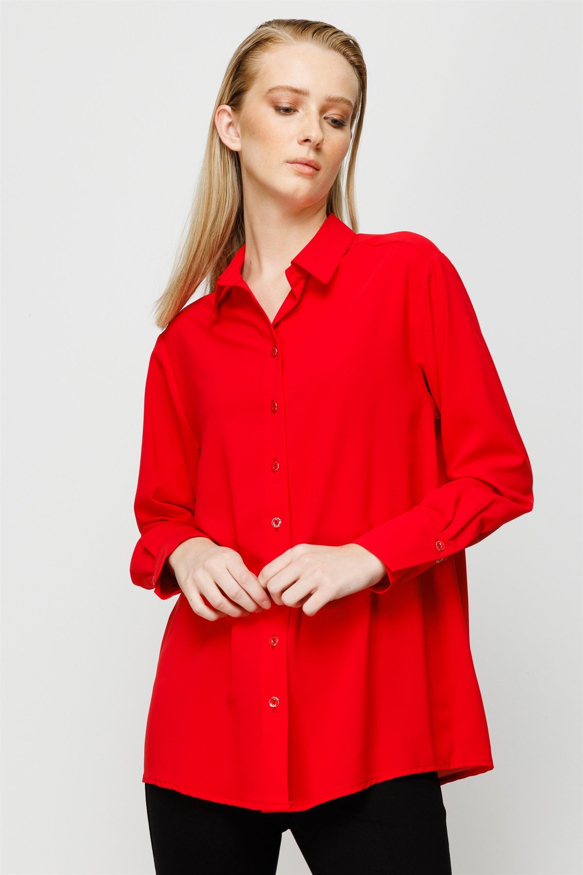 Modailgi  Düşük Omuzlu Salaş Gömlek Kırmızı