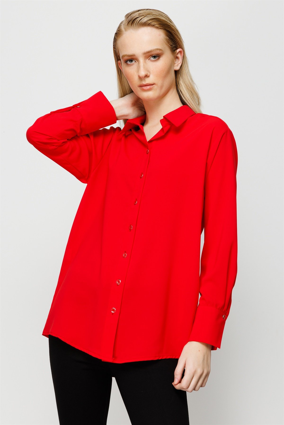 Modailgi  Düşük Omuzlu Salaş Gömlek Kırmızı