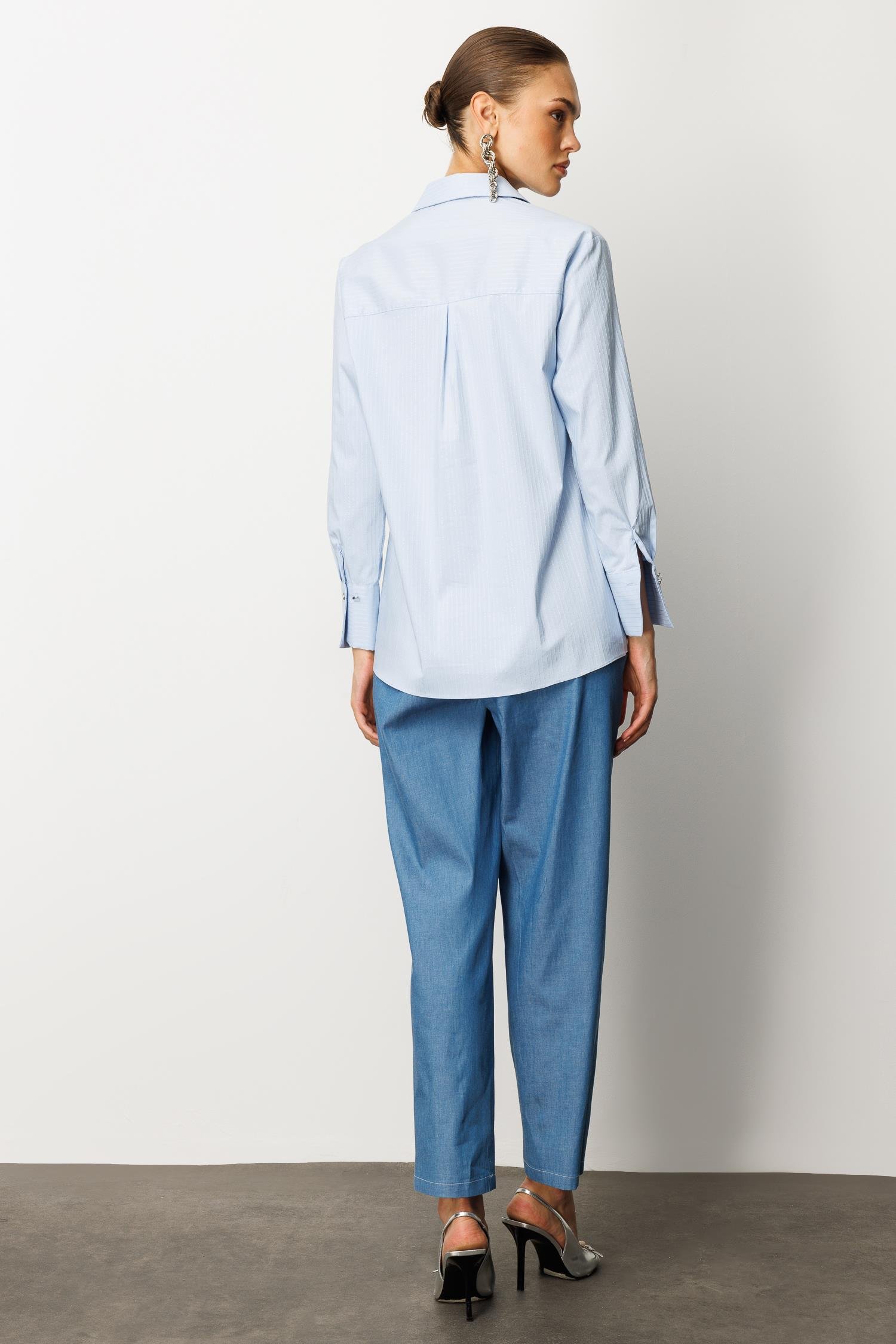 Modailgi  Düşük Omuzlu Simli Gömlek Mavi