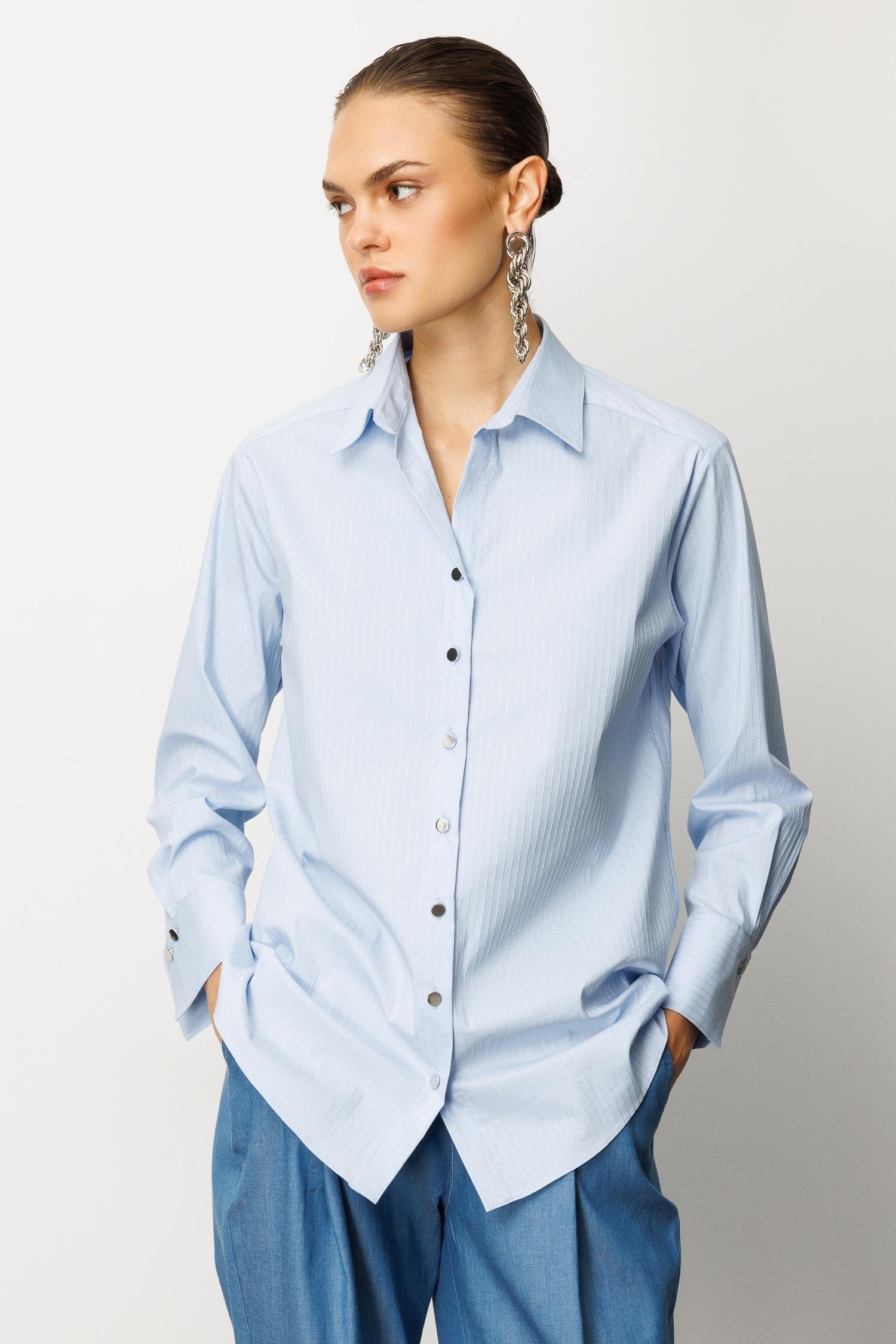 Modailgi  Düşük Omuzlu Simli Gömlek Mavi