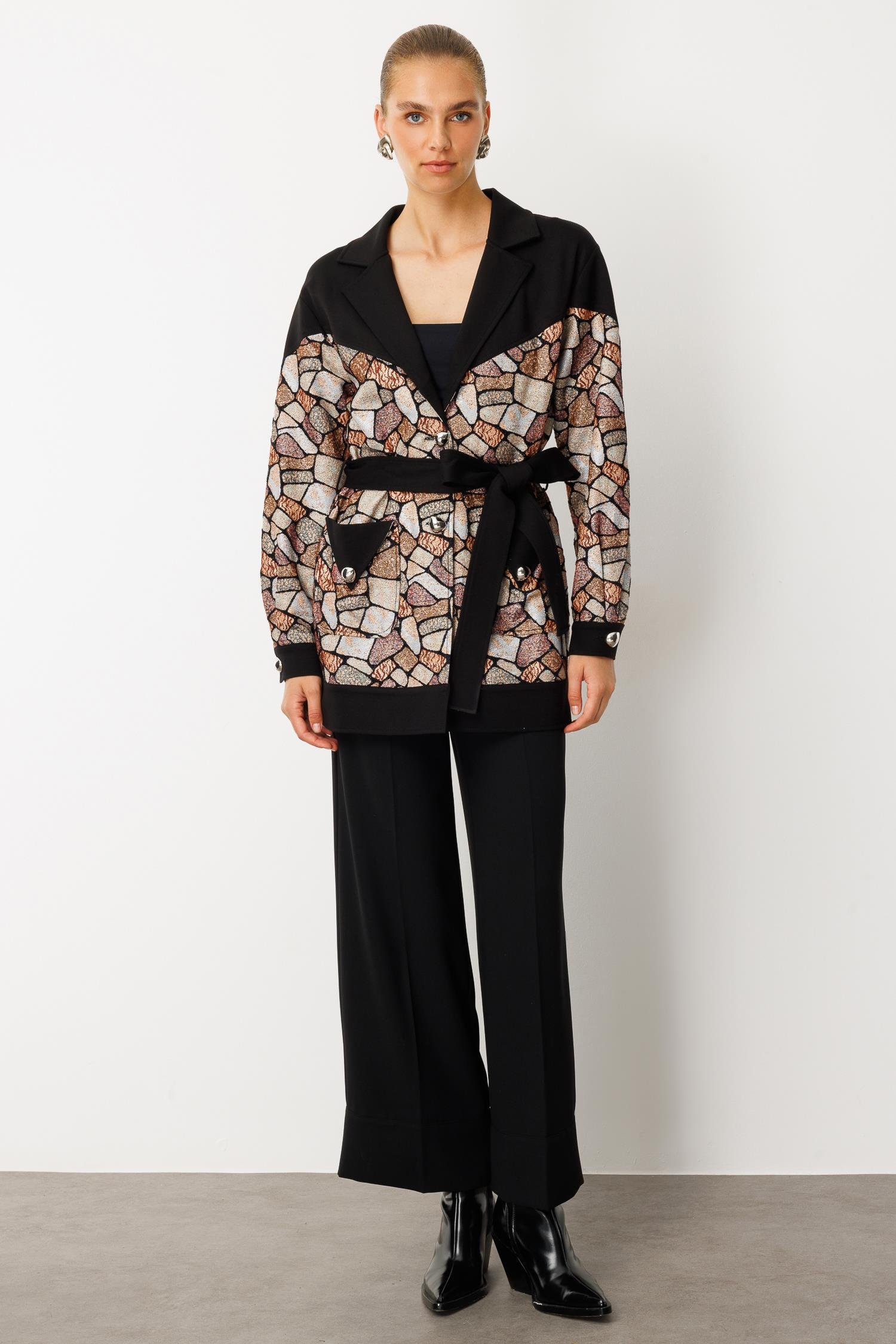 Modailgi  Düz Çelik Örme Kumaş Garnili Belden Kuşaklı Jakar Tunik Siyah