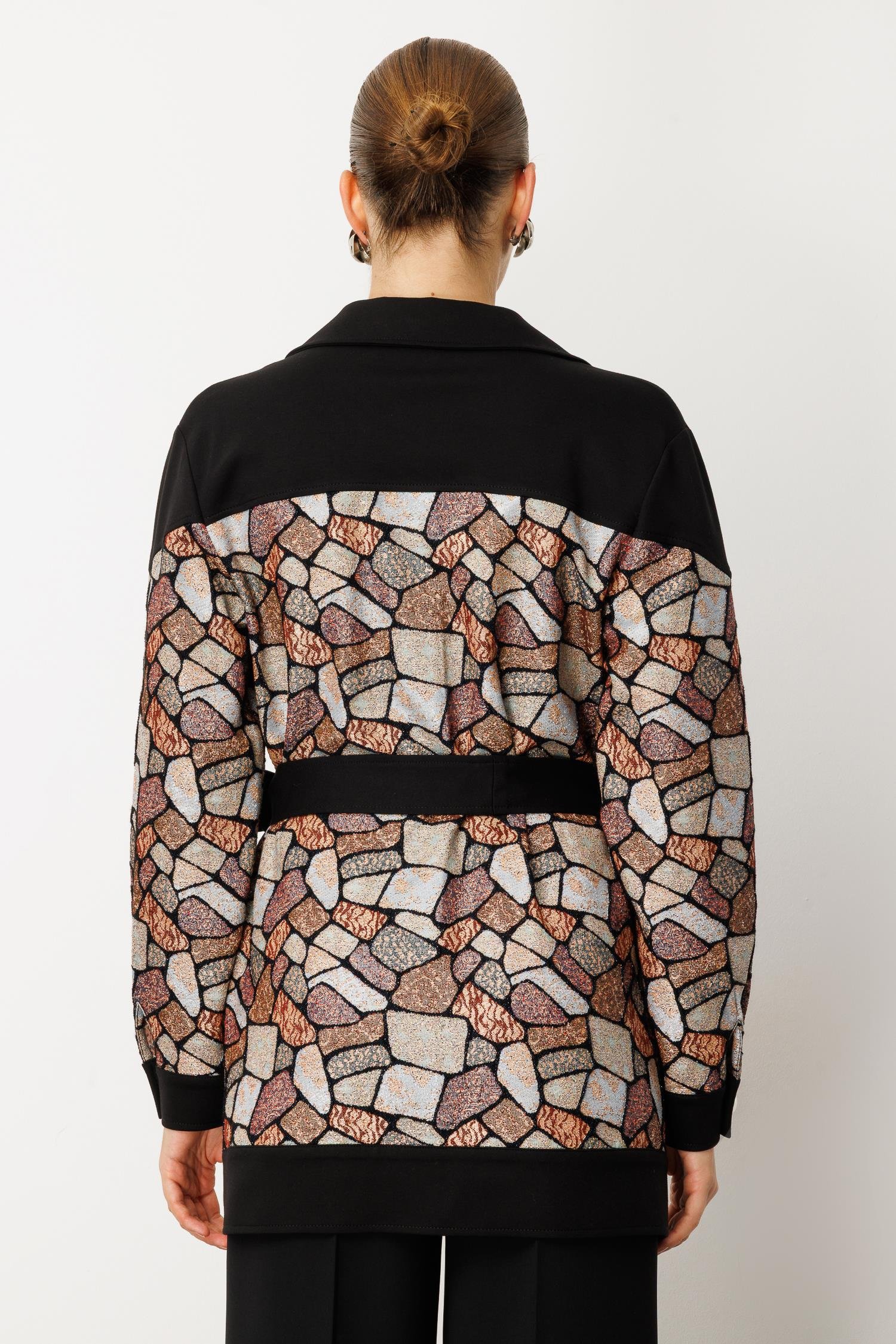 Modailgi  Düz Çelik Örme Kumaş Garnili Belden Kuşaklı Jakar Tunik Siyah