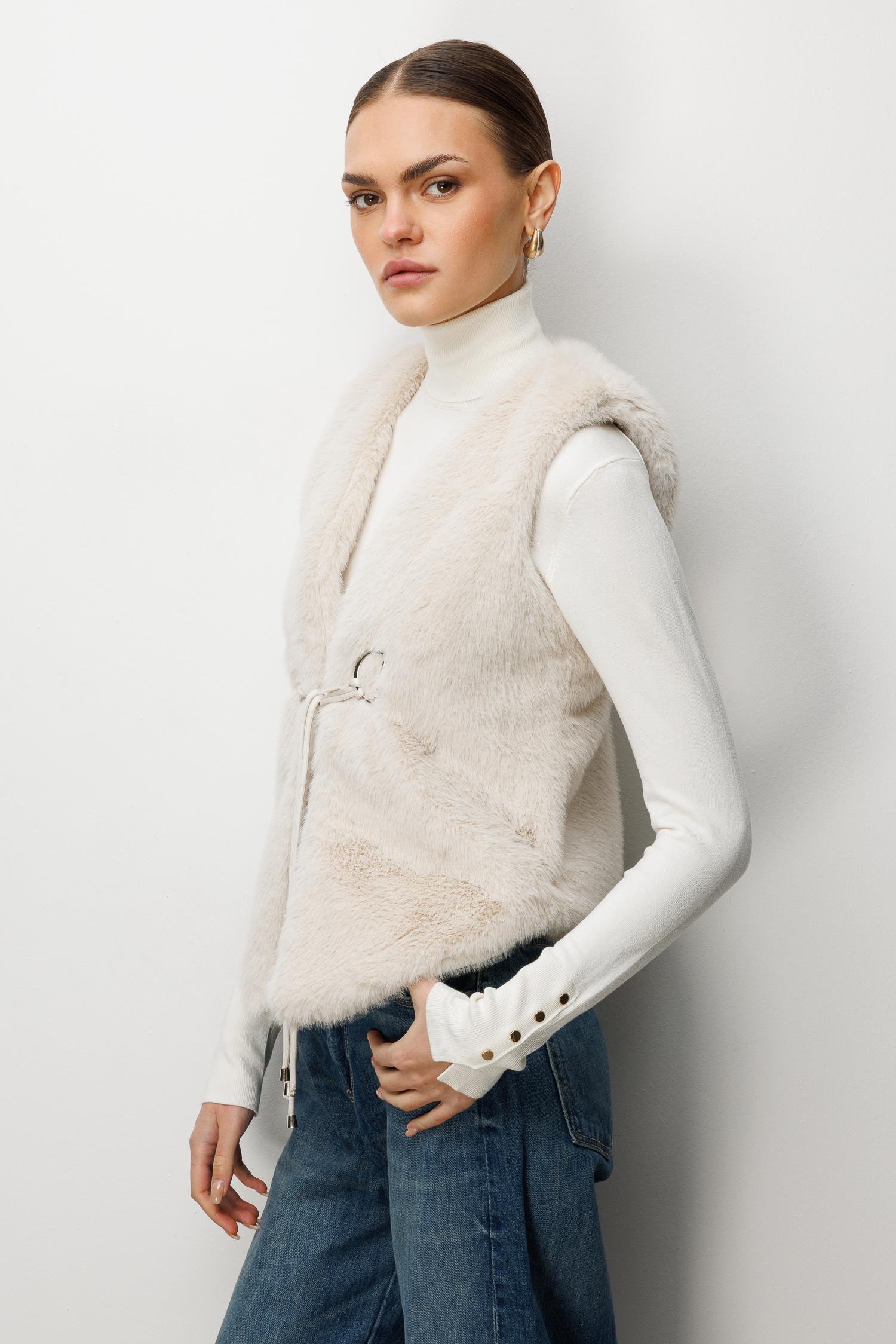 Modailgi  Düz Kısa Peluş Yelek Kemik