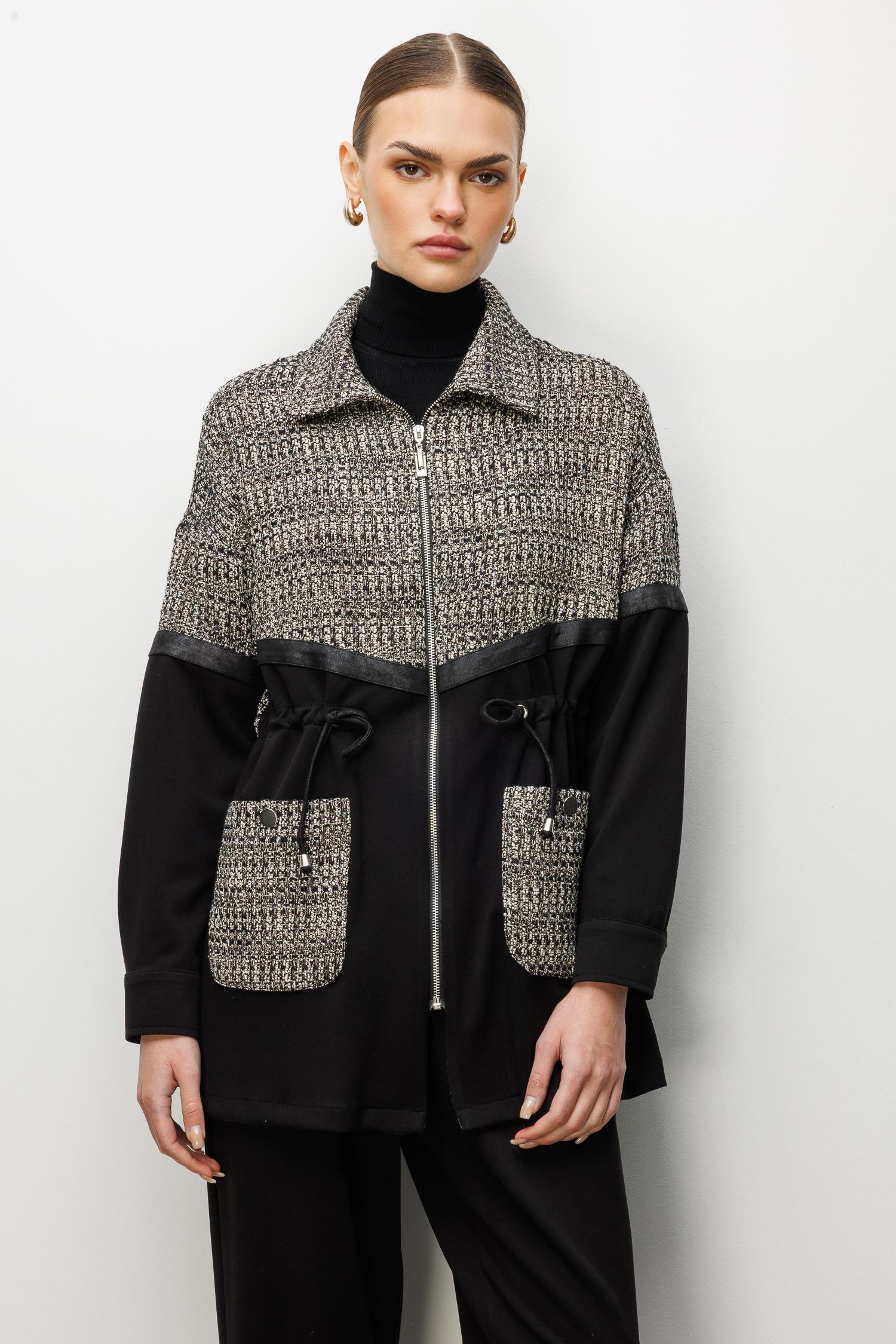 Modailgi  Düz Kumaş Garni Detaylı Düşük Omuz Beli Tünel Bağcıklı Oversize Tunik - 40051 Siyah