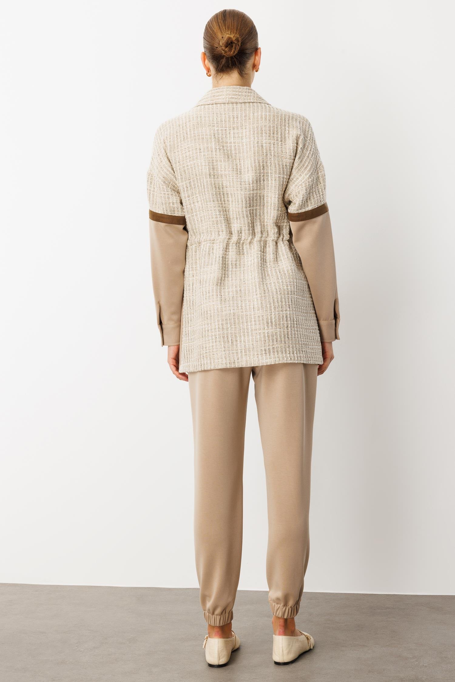 Modailgi  Düz Kumaş Garni Detaylı Düşük Omuz Beli Tünel Bağcıklı Oversize Tunik - 40051 Vizon