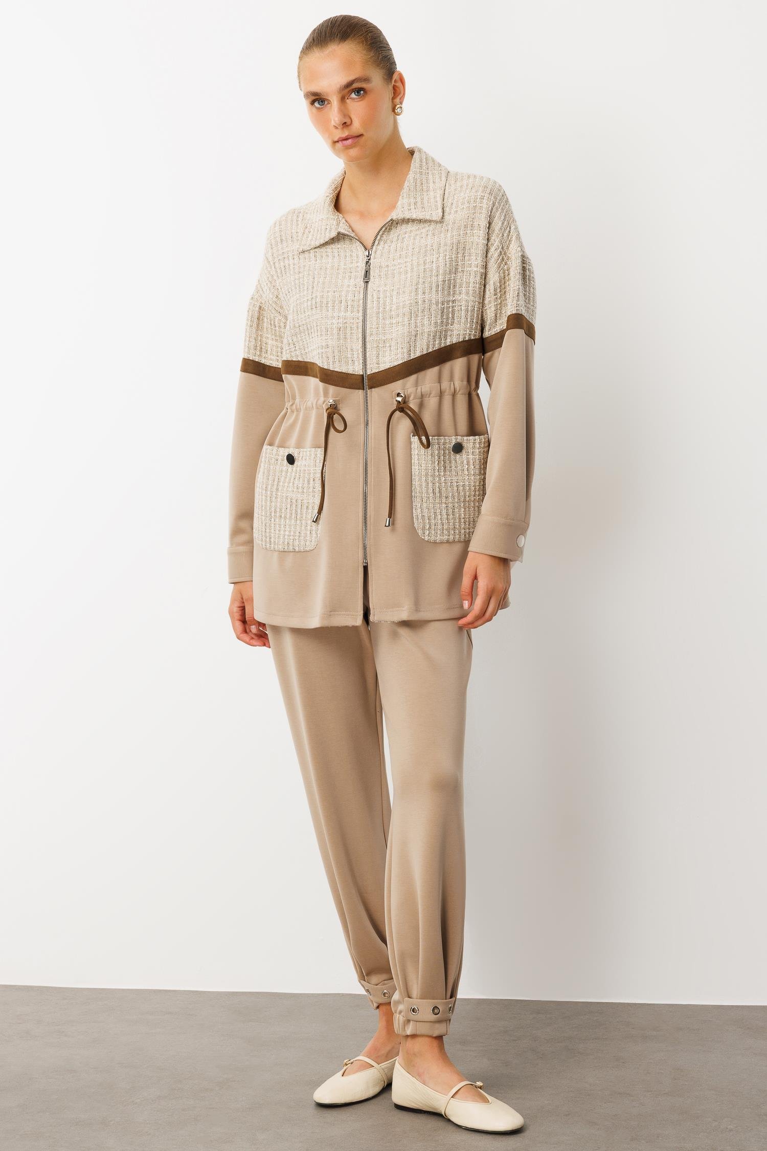 Modailgi  Düz Kumaş Garni Detaylı Düşük Omuz Beli Tünel Bağcıklı Oversize Tunik - 40051 Vizon