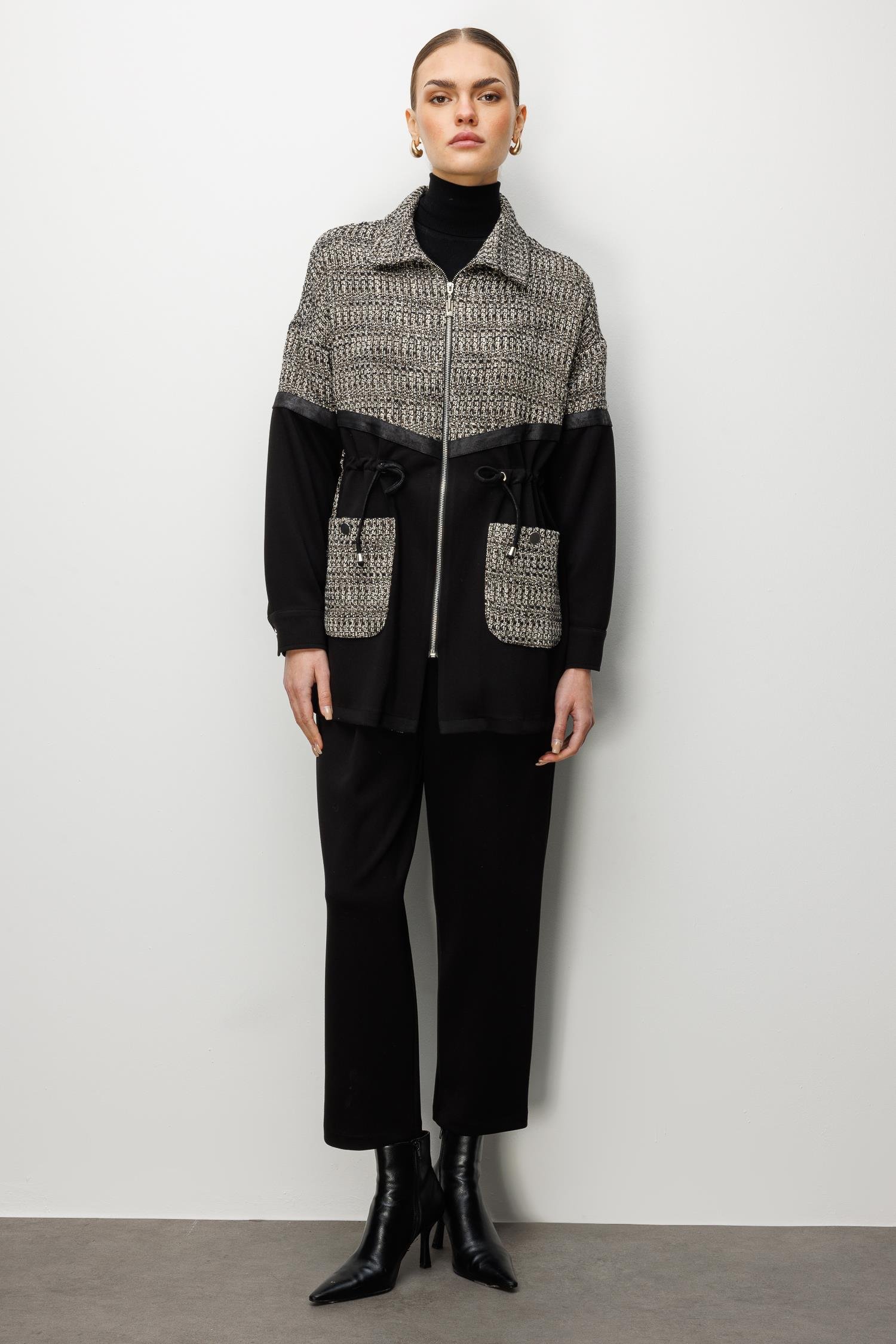 Modailgi  Düz Kumaş Garni Detaylı Düşük Omuz Beli Tünel Bağcıklı Oversize Tunik - 40051 Siyah