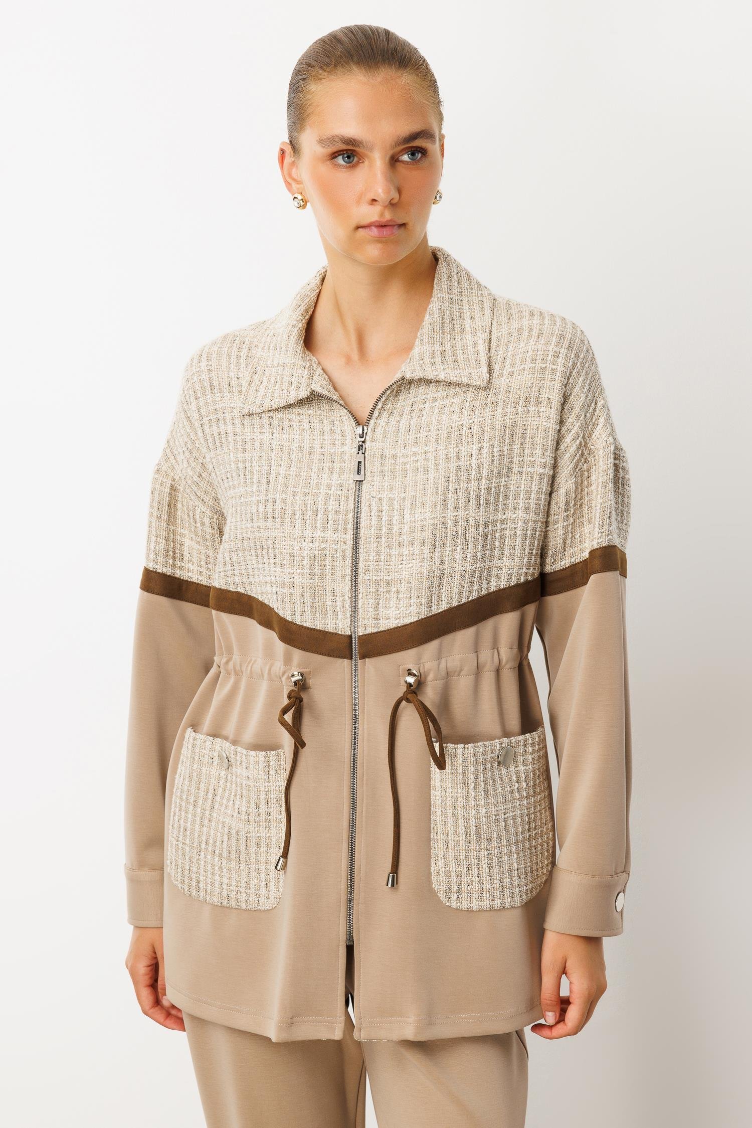 Modailgi  Düz Kumaş Garni Detaylı Düşük Omuz Beli Tünel Bağcıklı Oversize Tunik - 40051 Vizon