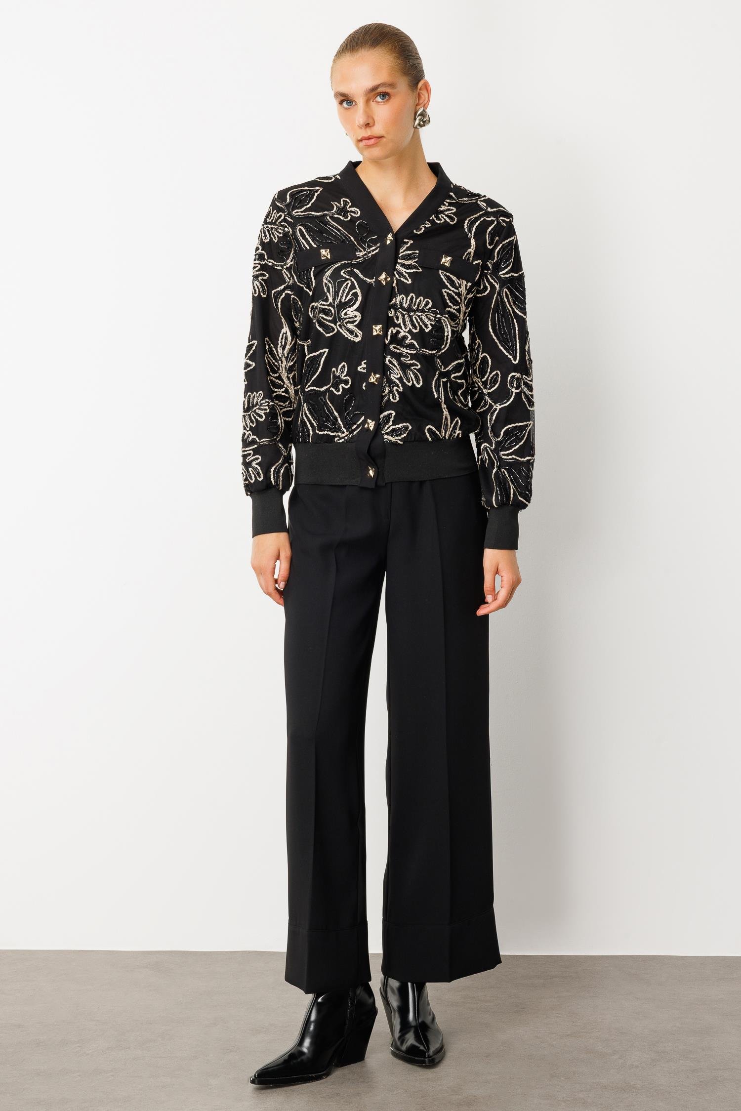 Modailgi  Düz Kumaş Garni Detaylı Fermuar Kapamalı Torba Cepli Kordone Ceket Gold