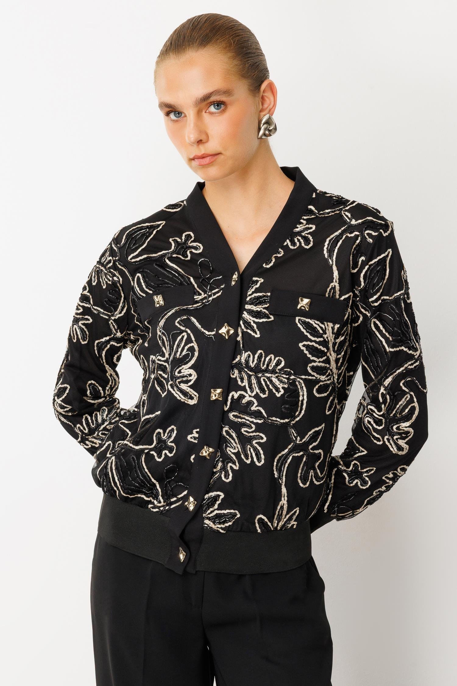 Modailgi  Düz Kumaş Garni Detaylı Fermuar Kapamalı Torba Cepli Kordone Ceket Gold