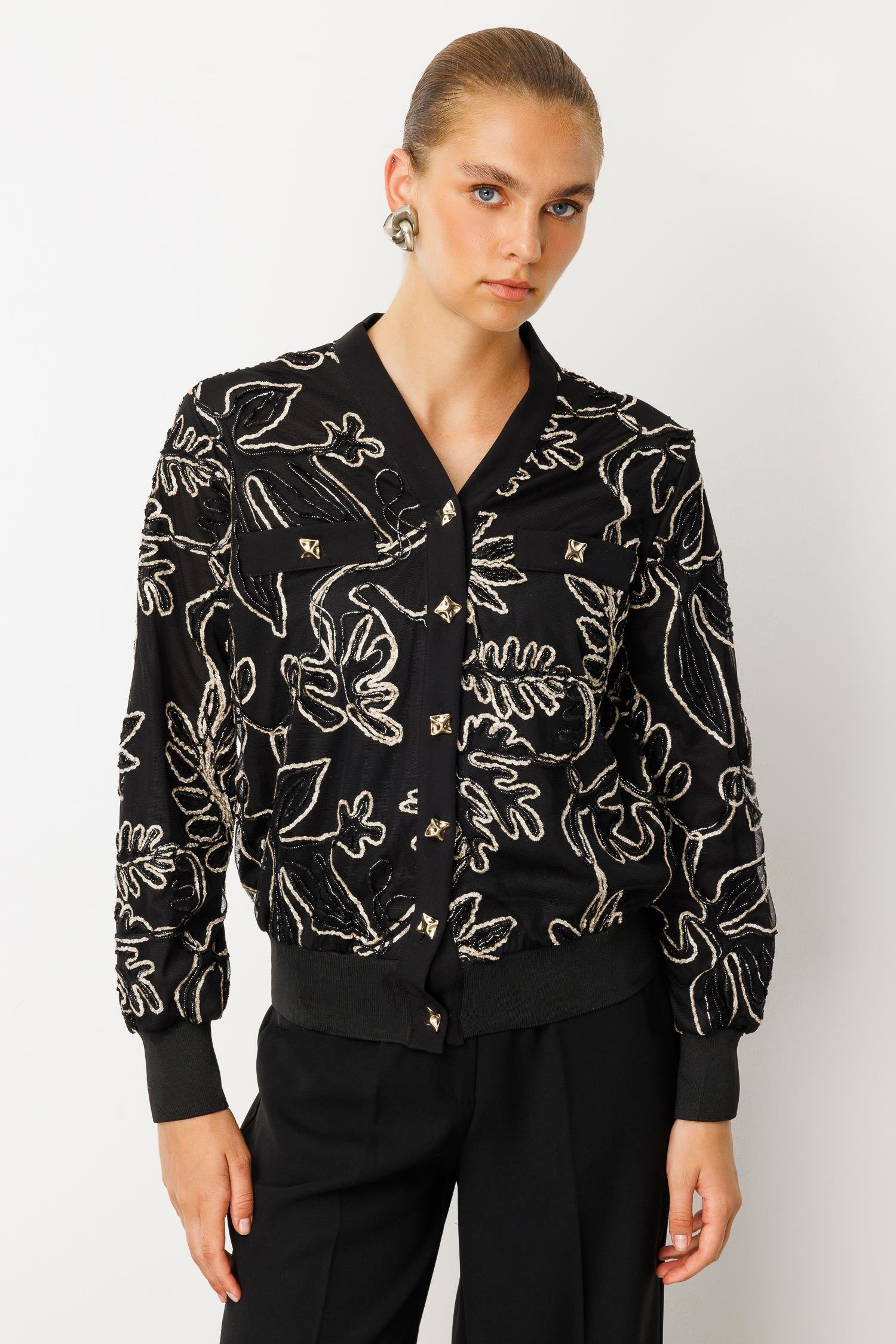 Modailgi  Düz Kumaş Garni Detaylı Fermuar Kapamalı Torba Cepli Kordone Ceket Gold